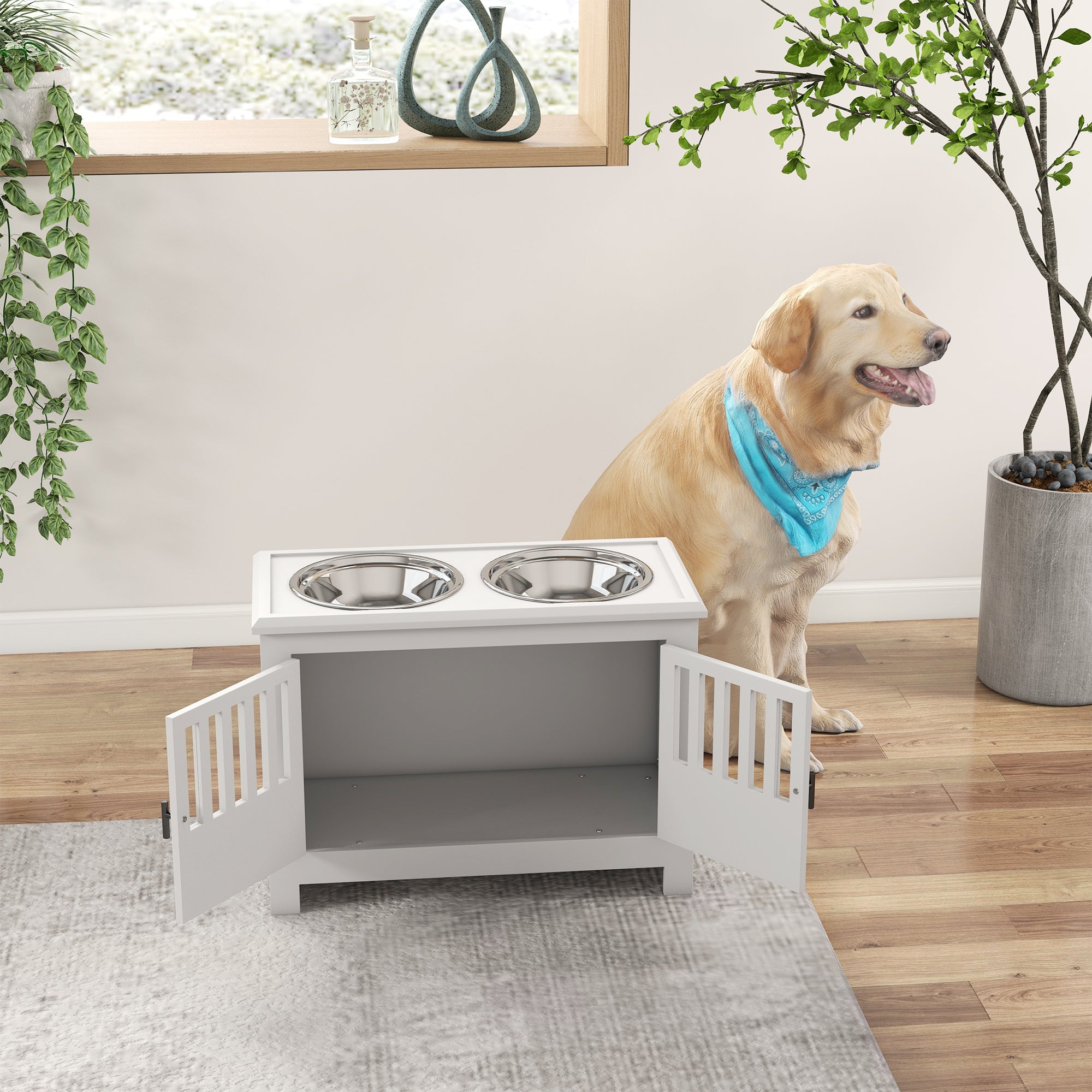 PawHut Raised Dog Bowls, Pet Feeding Station, with Storage, Food and Water Bowls, for Large Dogs - White