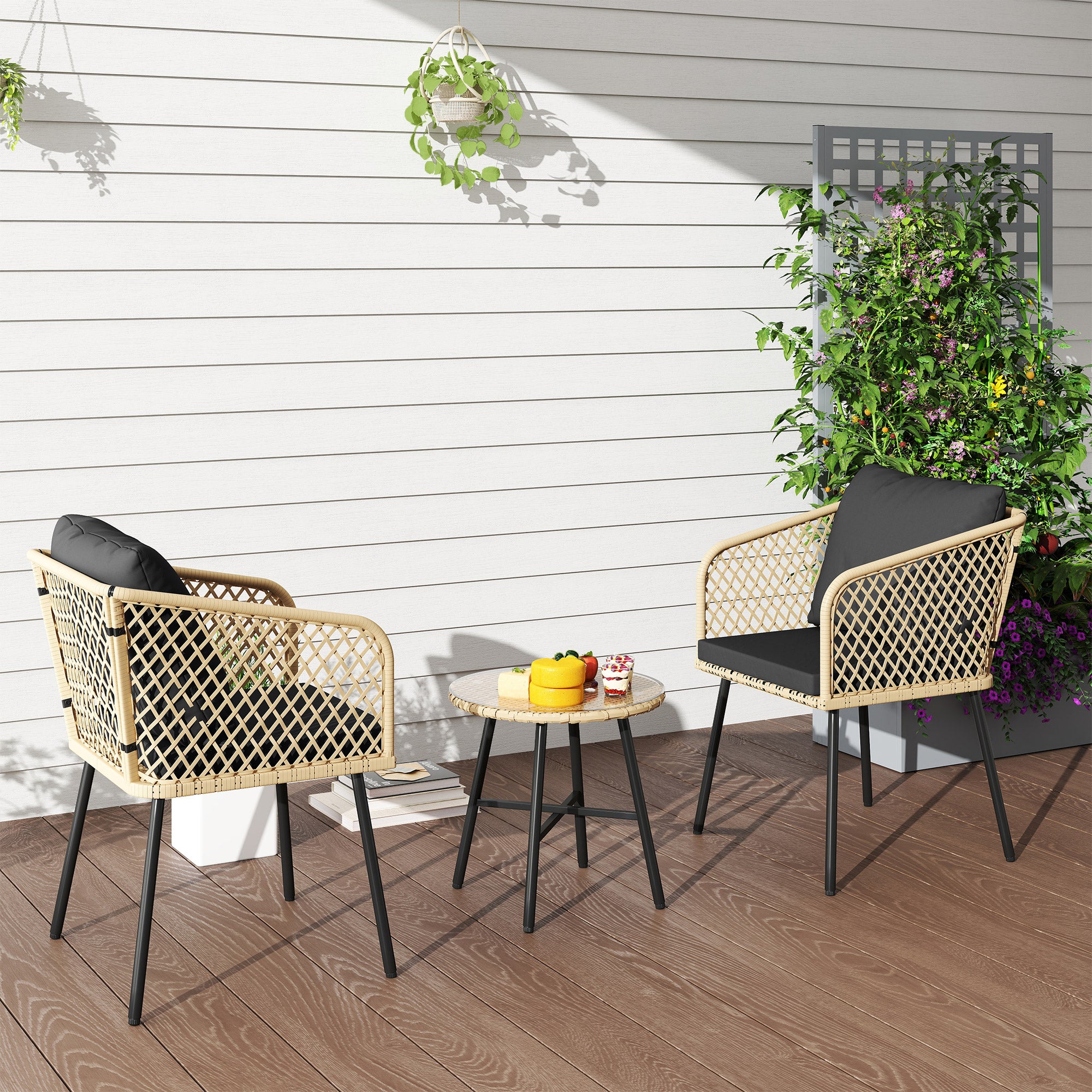 Outsunny Three-Piece Cut-Out Rattan Chair and Table Set - Brown/Black - North Peak Garden Furniture