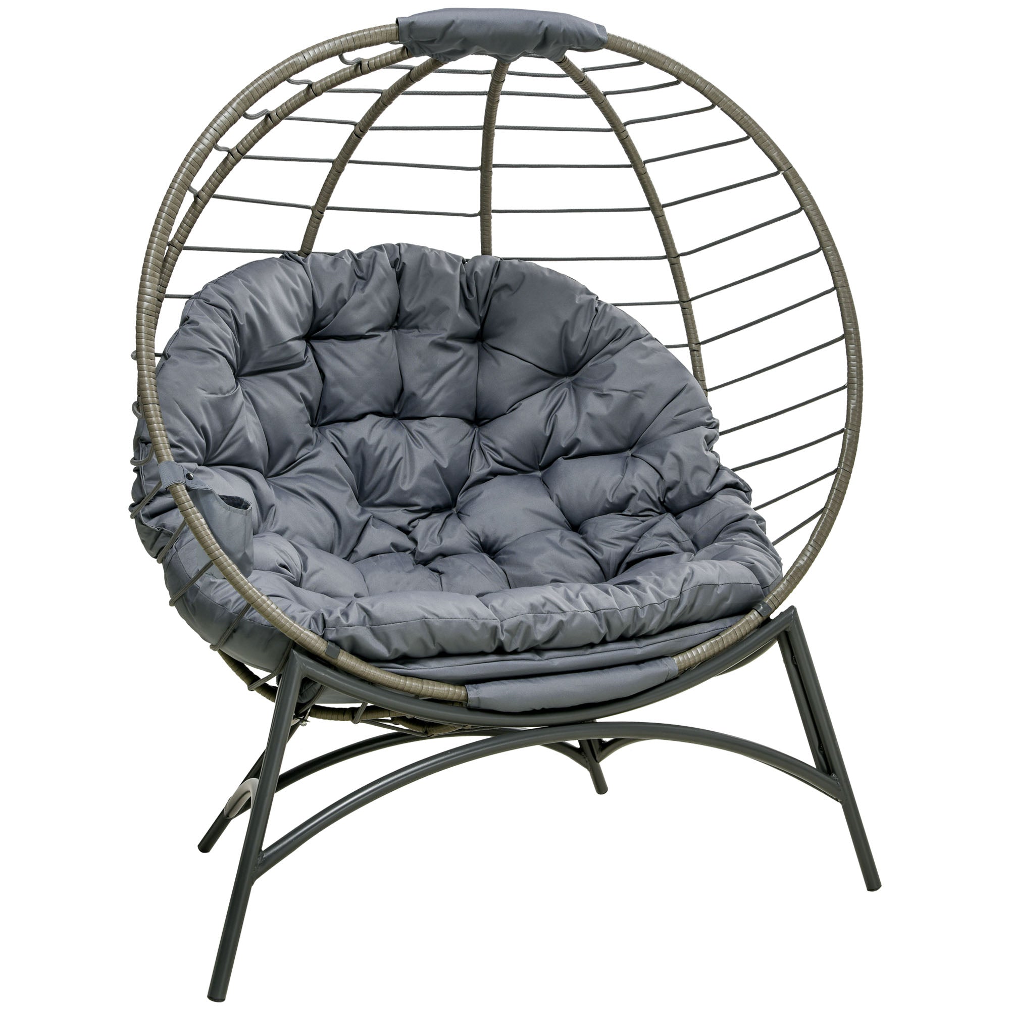 Outsunny Folding Rattan Egg Chair, Freestanding Basket Chair with Cushion, Bottle Holder Bag for Outdoor or Indoor, Grey