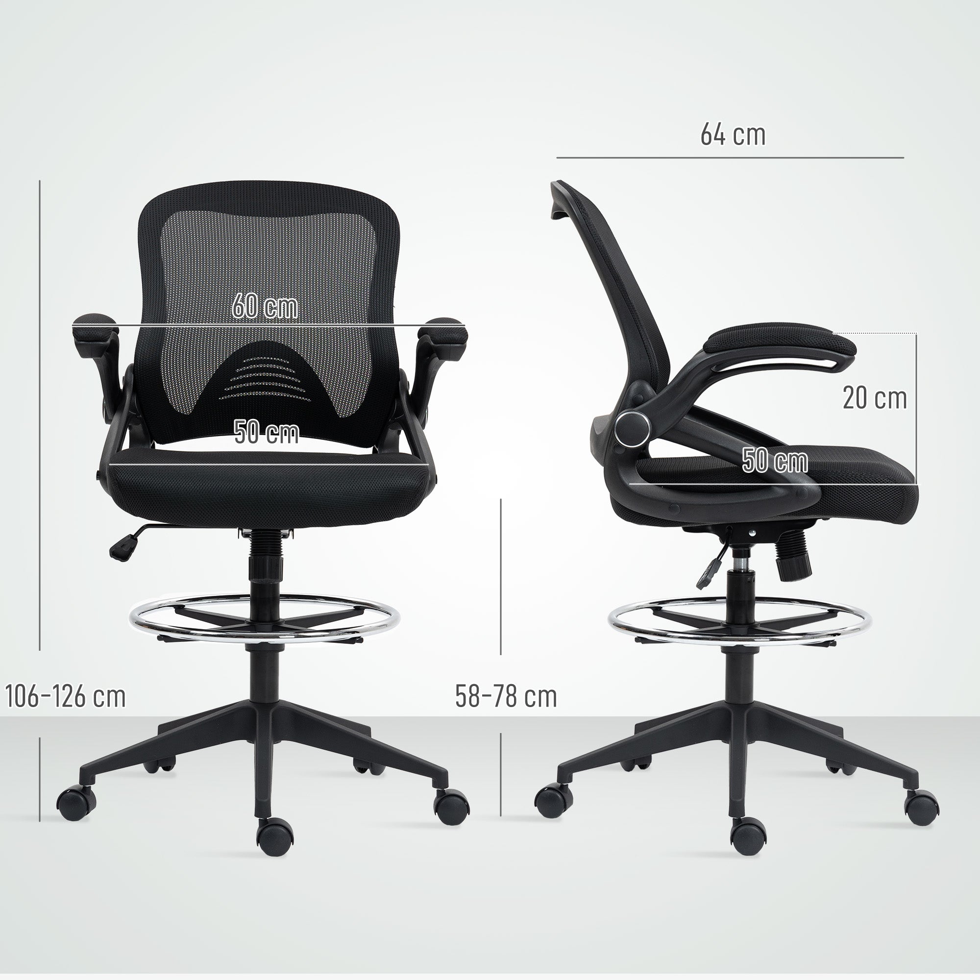 Vinsetto Drafting Chair with Flip-up Armrest, Mesh Office Stool with Foot Ring, 360° Swivel Height Adjustable Chair for Standing Desk, Black - North Peak Garden Furniture