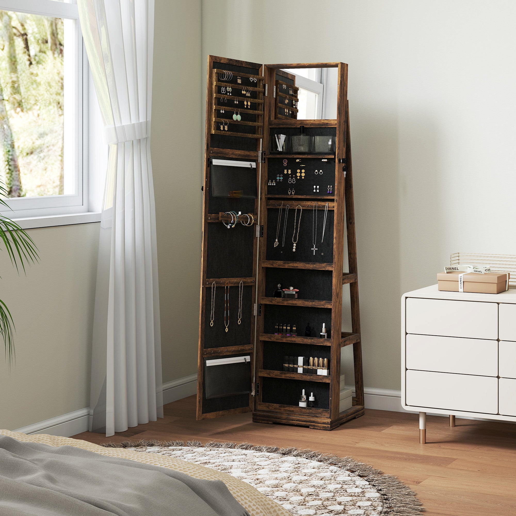 HOMCOM 360° Swivel Jewellery Cabinet, Mirror Armoire, Full Length Mirror, Lockable Jewellery Organiser with Built-In Small Mirror, Rustic Brown