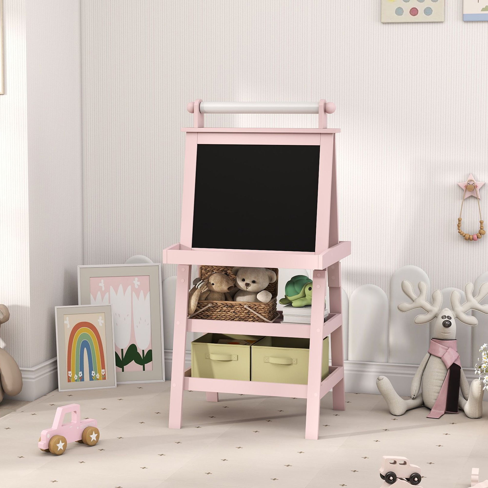 AIYAPLAY 3 in 1 Kids Easel Double-Sided Magnetic Whiteboard and Chalkboard with Paper Roll, Storage Baskets - Pink