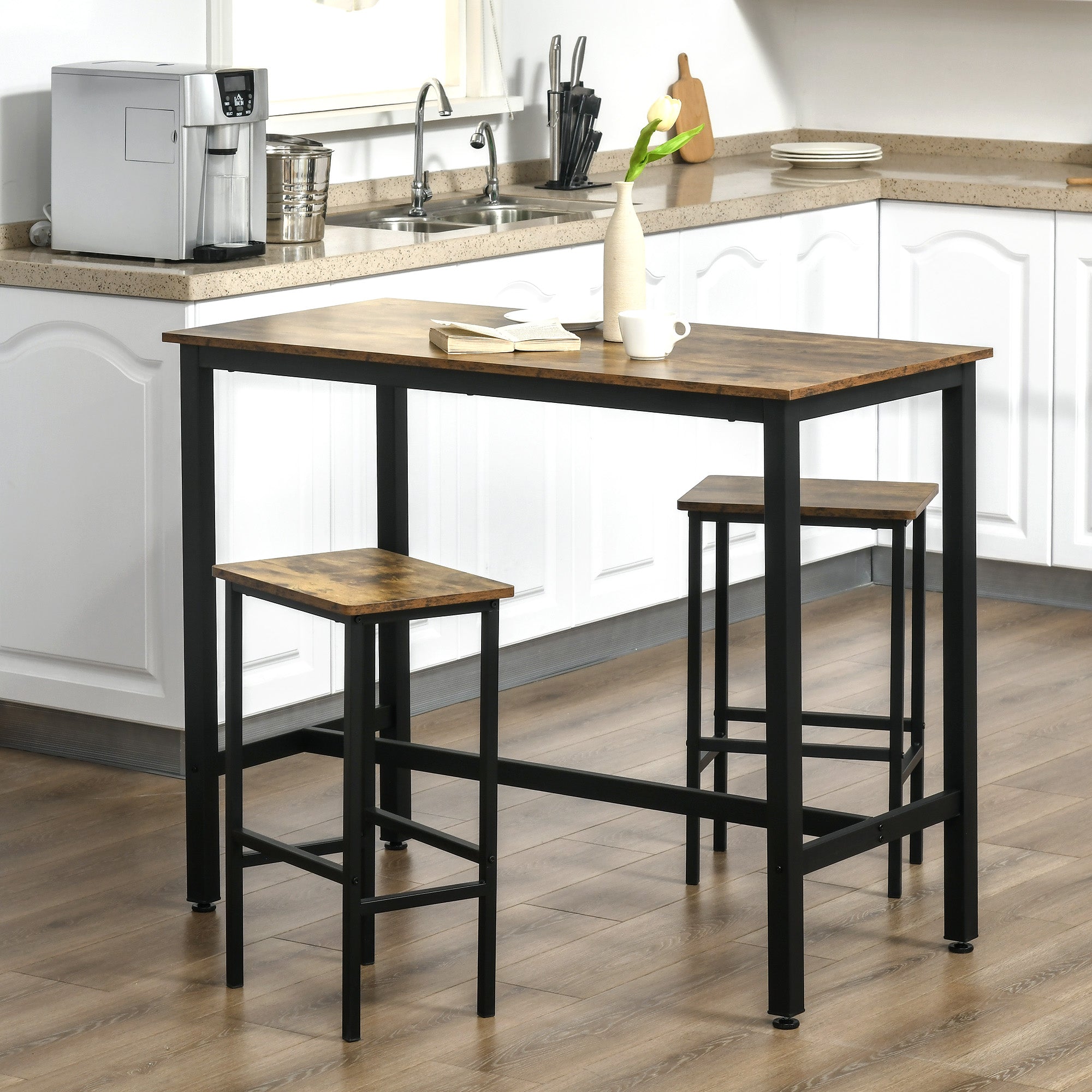HOMCOM Industrial Bar Table Set, Breakfast Table with 2 Stools, 3-Piece Counter Height Dining Table & Chairs for Kitchen, Living Room, Rustic Brown - North Peak Garden Furniture