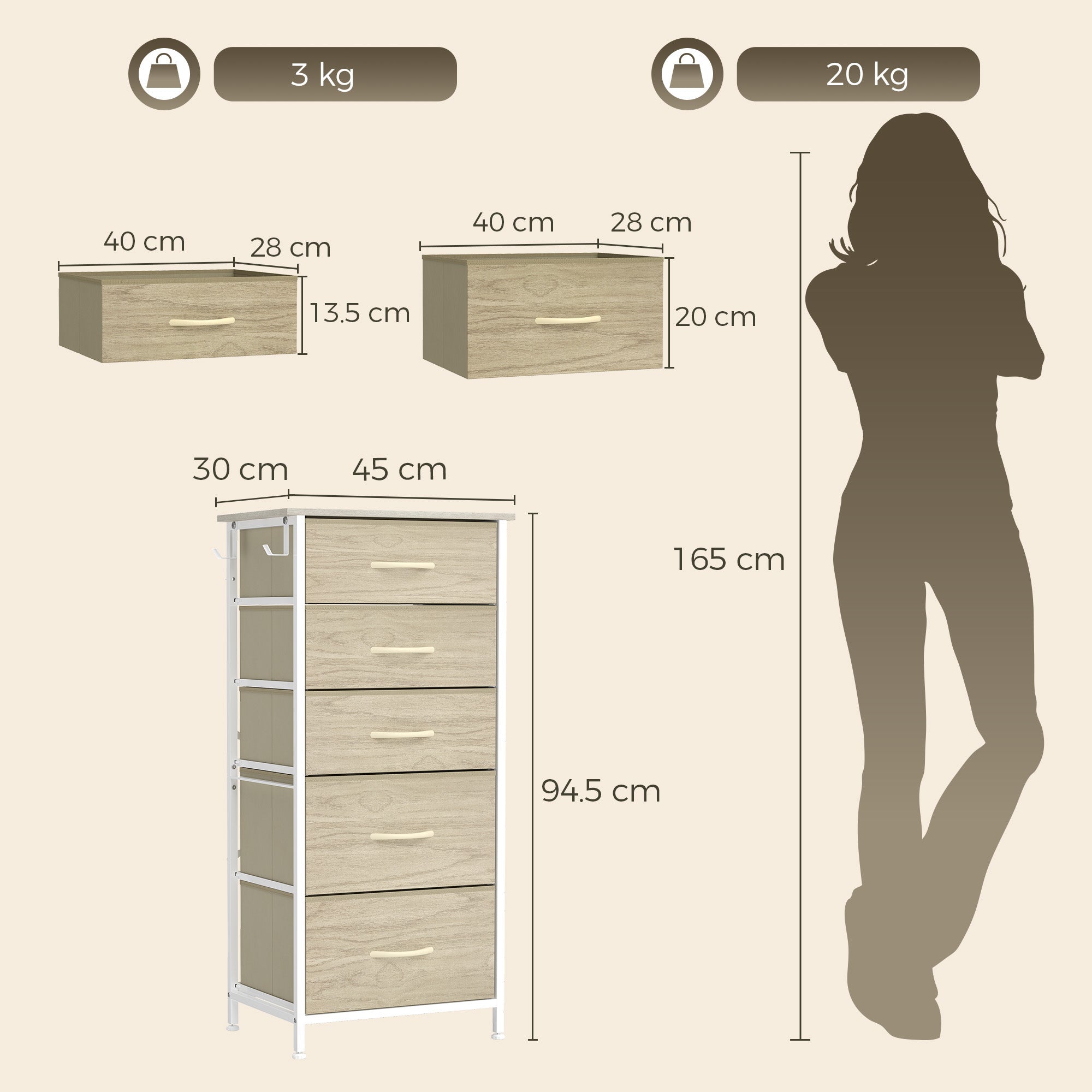 HOMCOM Chest of Drawers, Dresser with 5 Fabric Drawers, Tall Storage Unit with 4 Pockets and 2 Hooks Steel Frame, Natural Wood