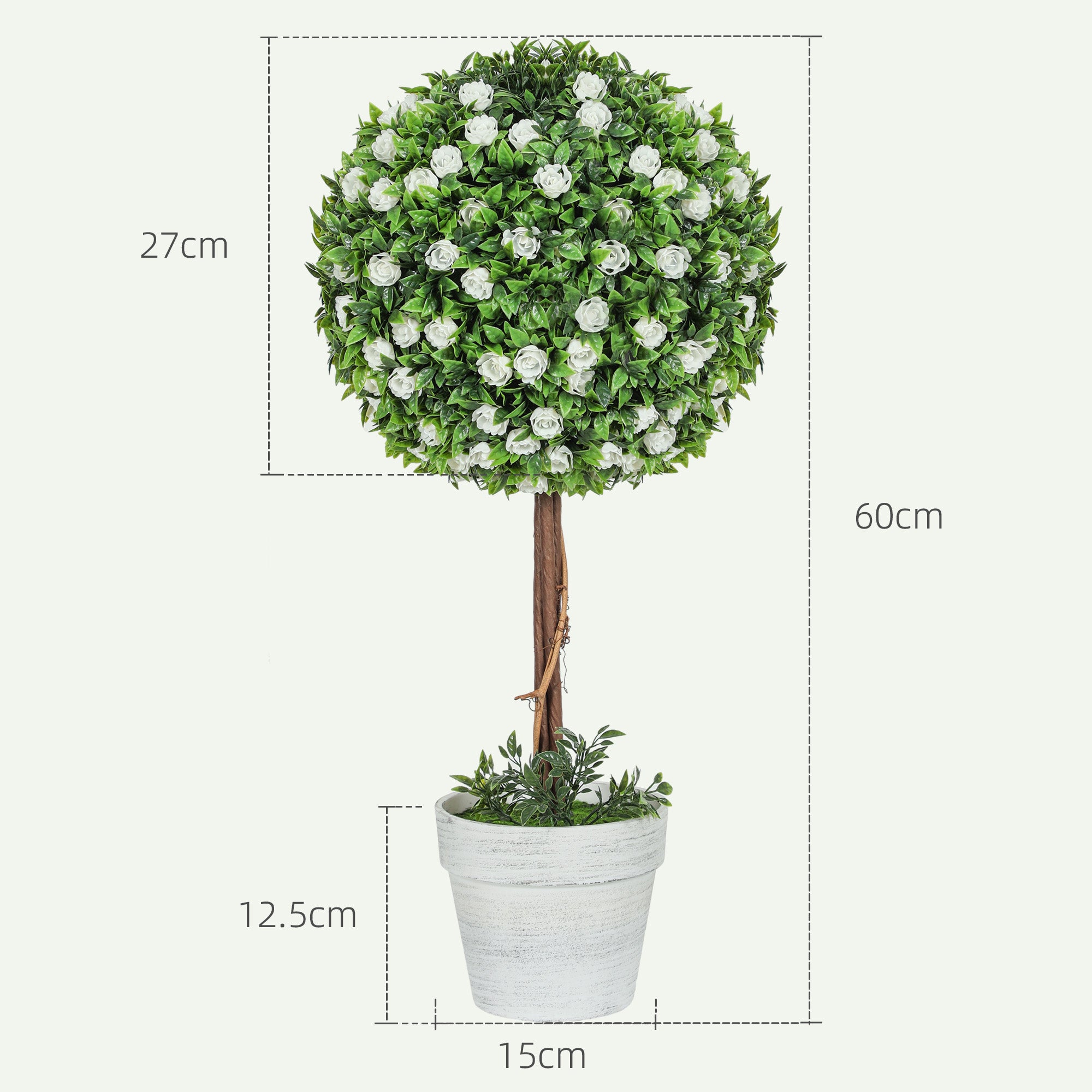 HOMCOM Set of 2 Decorative Artificial Plants, Ball Topiary Tree with Rose Flower in Pot, Fake Plants for Home Indoor Outdoor Decor, 60cm, White