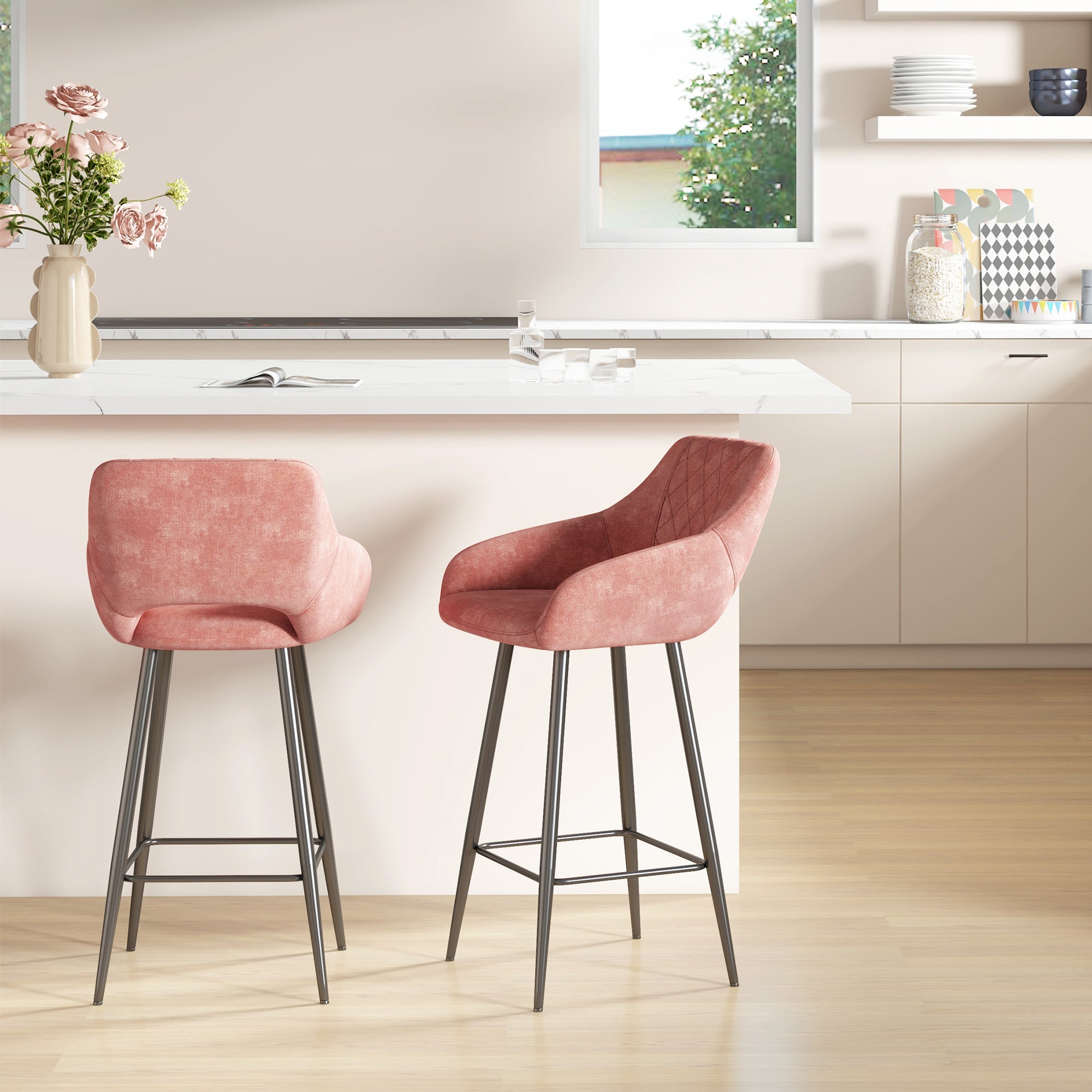 HOMCOM Set of Two Velvet-Feel Bar Stools - Pink - North Peak Garden Furniture