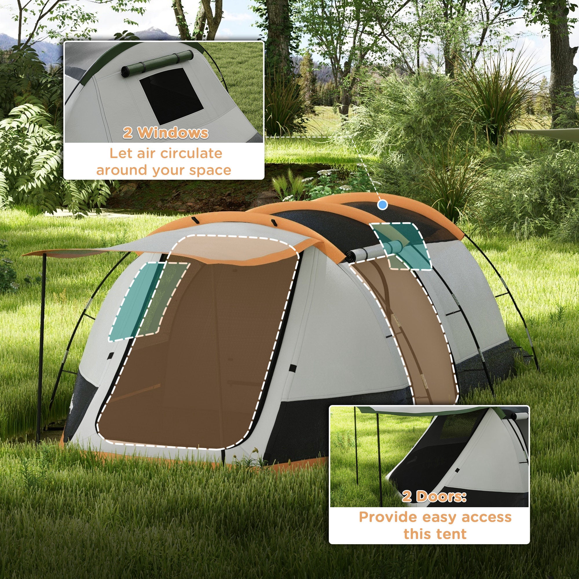Outsunny Three-Man Camping Tent, with Two Rooms and Porch - Orange - North Peak Garden Furniture