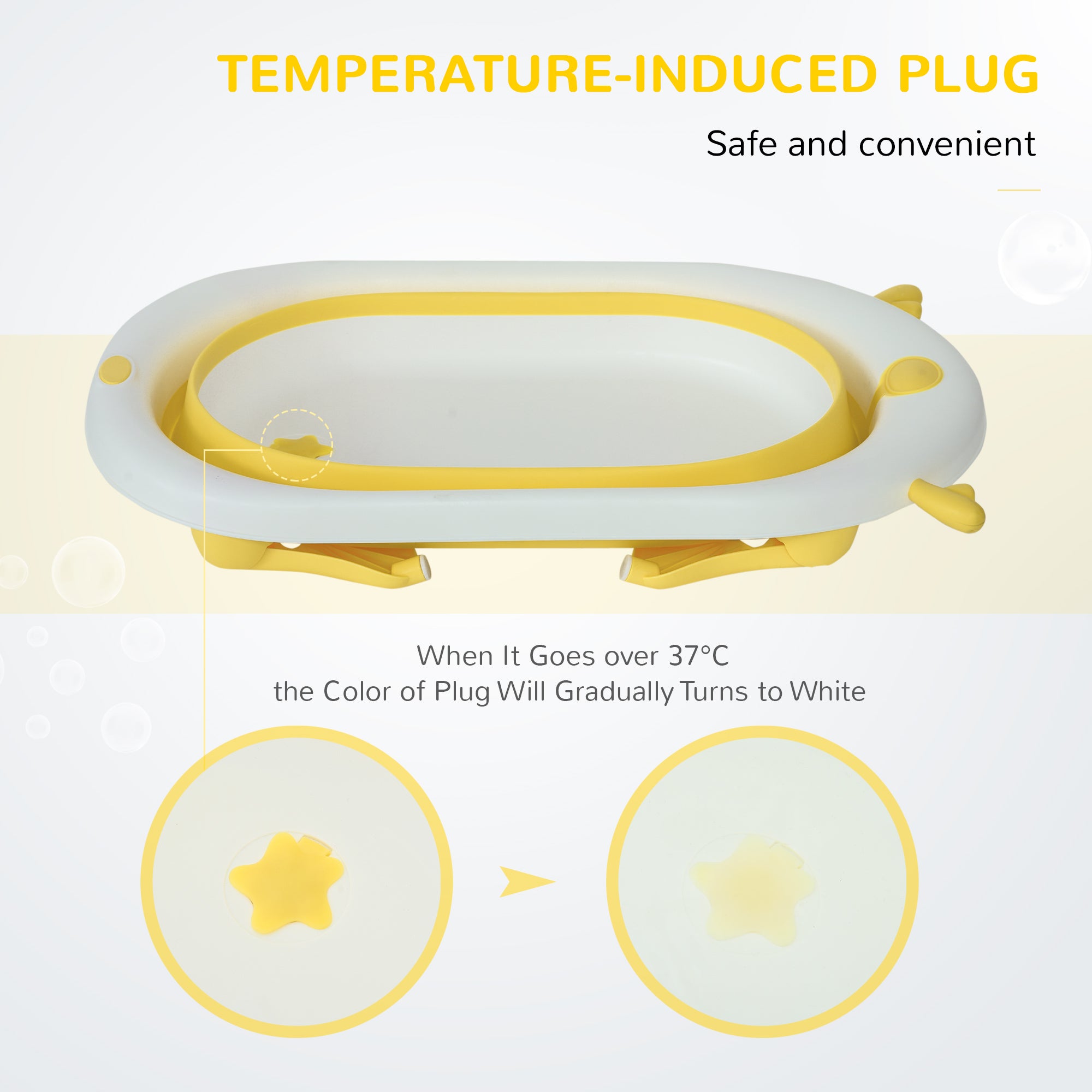 HOMCOM Foldable Baby Bathtub Set, Collapsible Bath Tub with Thermostatic Water Plug, Non-Slip Support, Cushion Pad, Drain Plugs, for Newborn to 3 Years - Yellow