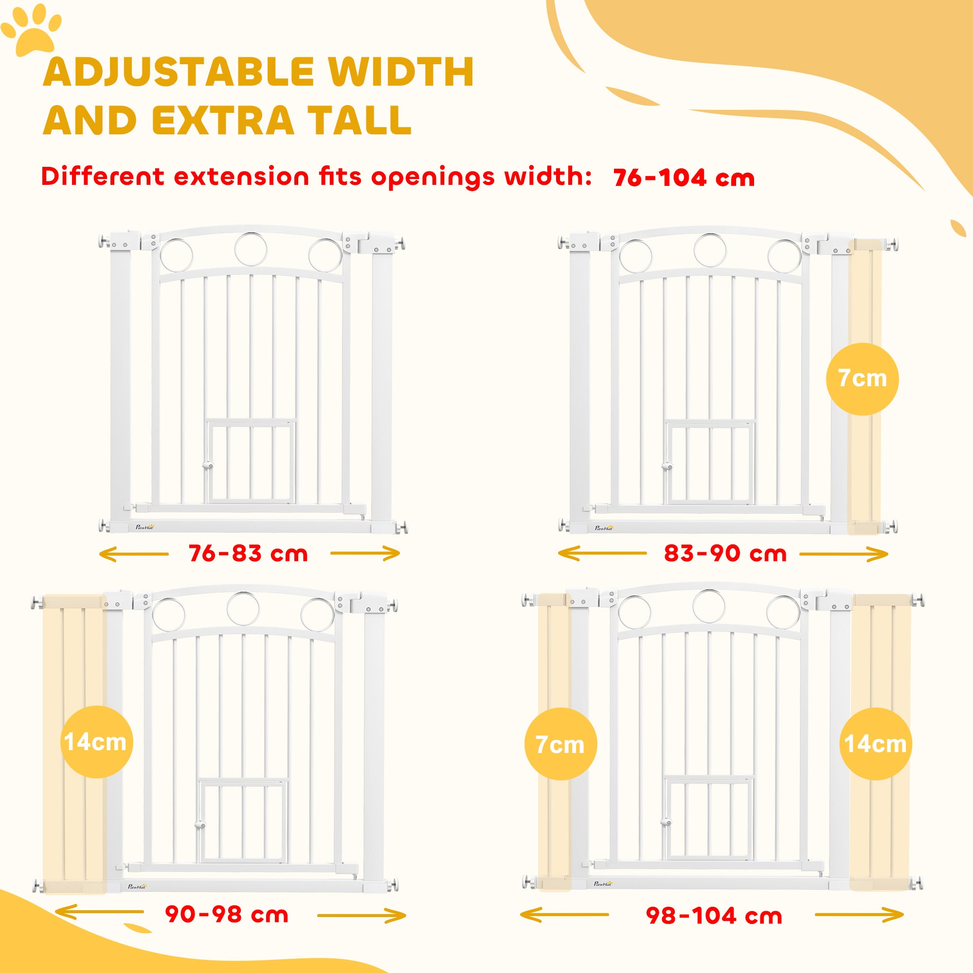 PawHut 77cm Tall Dog Gate with Cat Door, 7cm and 14cm Extensions, for Stairs, Doorways, 76-104cm Width