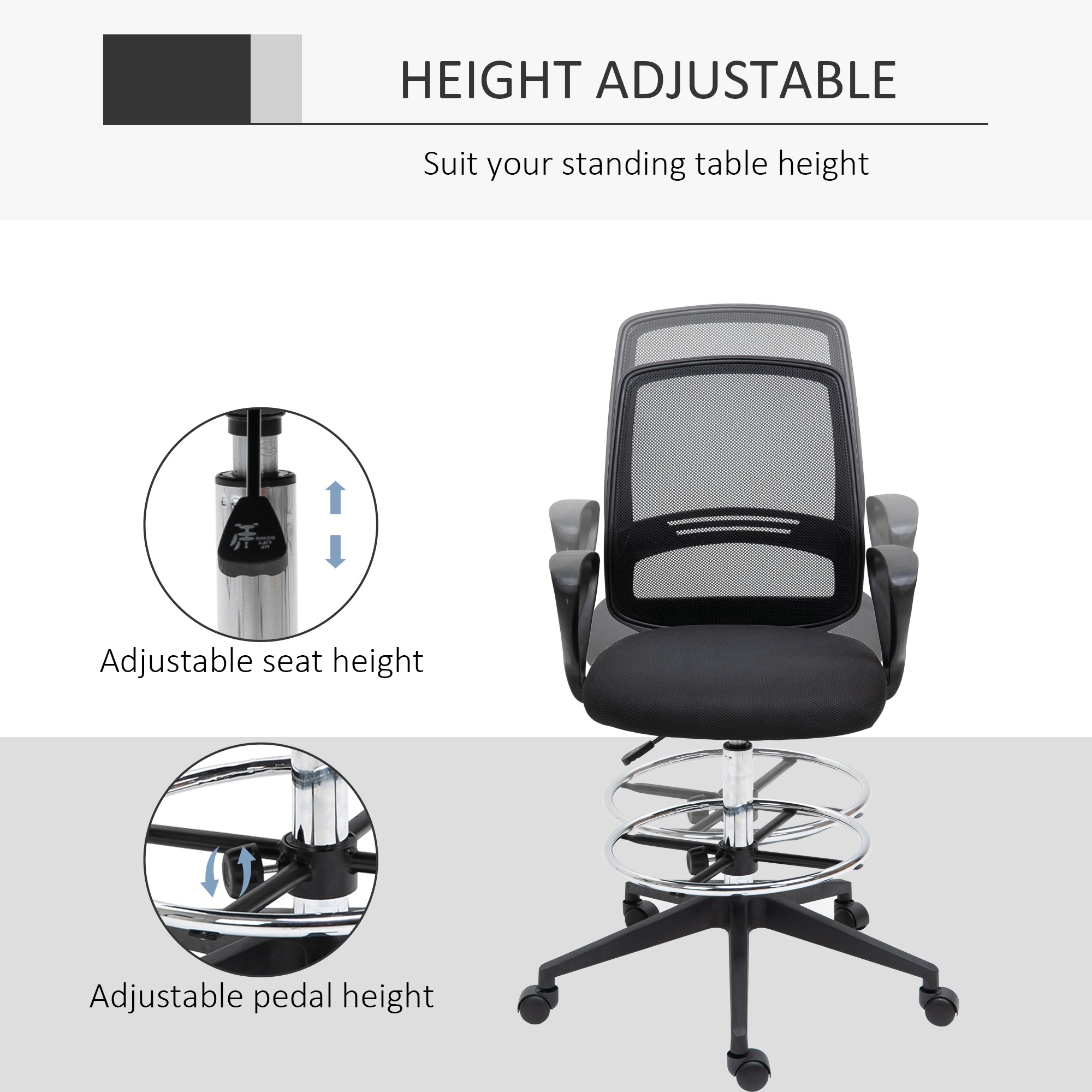 Vinsetto Ergonomic Mesh Back Drafting Chair, Tall Office Chair, Draughtsman Chair with Adjustable Height and Footrest 360° Swivel, Black - North Peak Garden Furniture