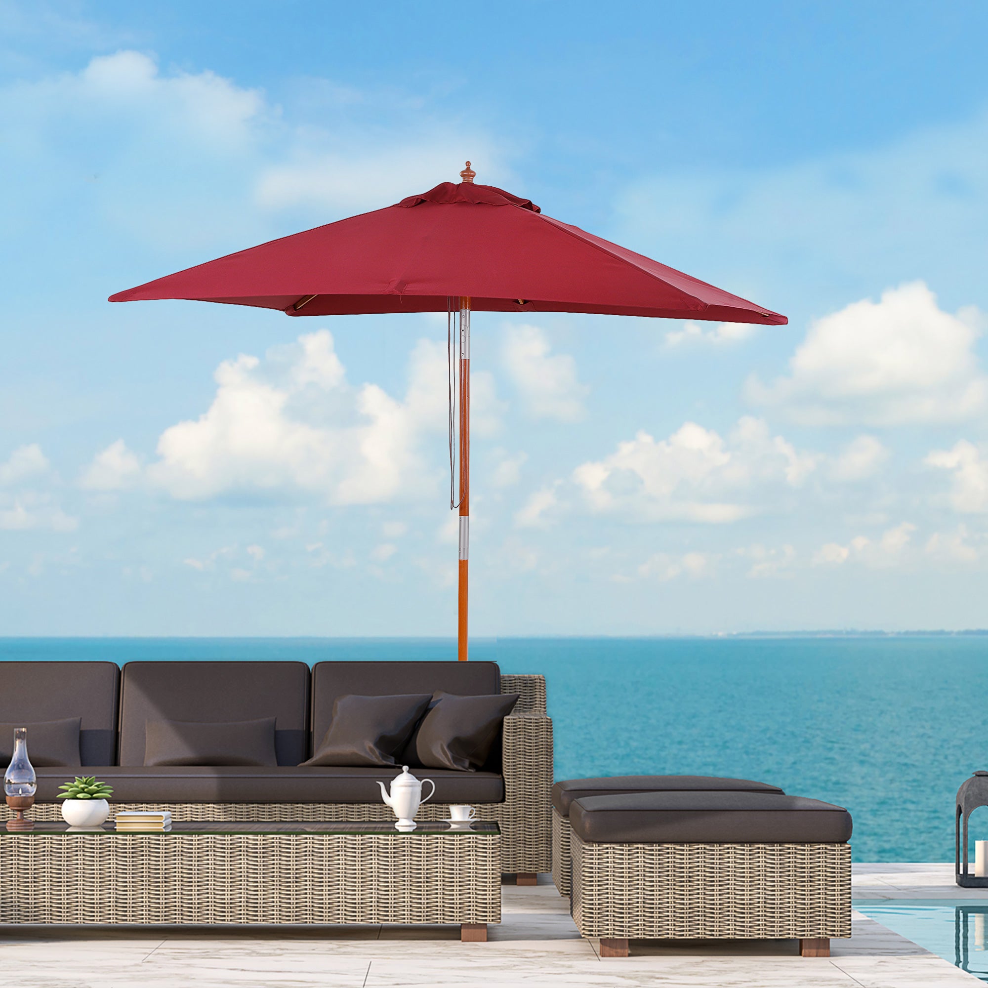 Outsunny 2m x 1.5m Garden Parasol Umbrella with Tilting Sunshade Canopy, Outdoor Market Table Umbrella with Wood and Bamboo Frame, Wine Red - North Peak Garden Furniture