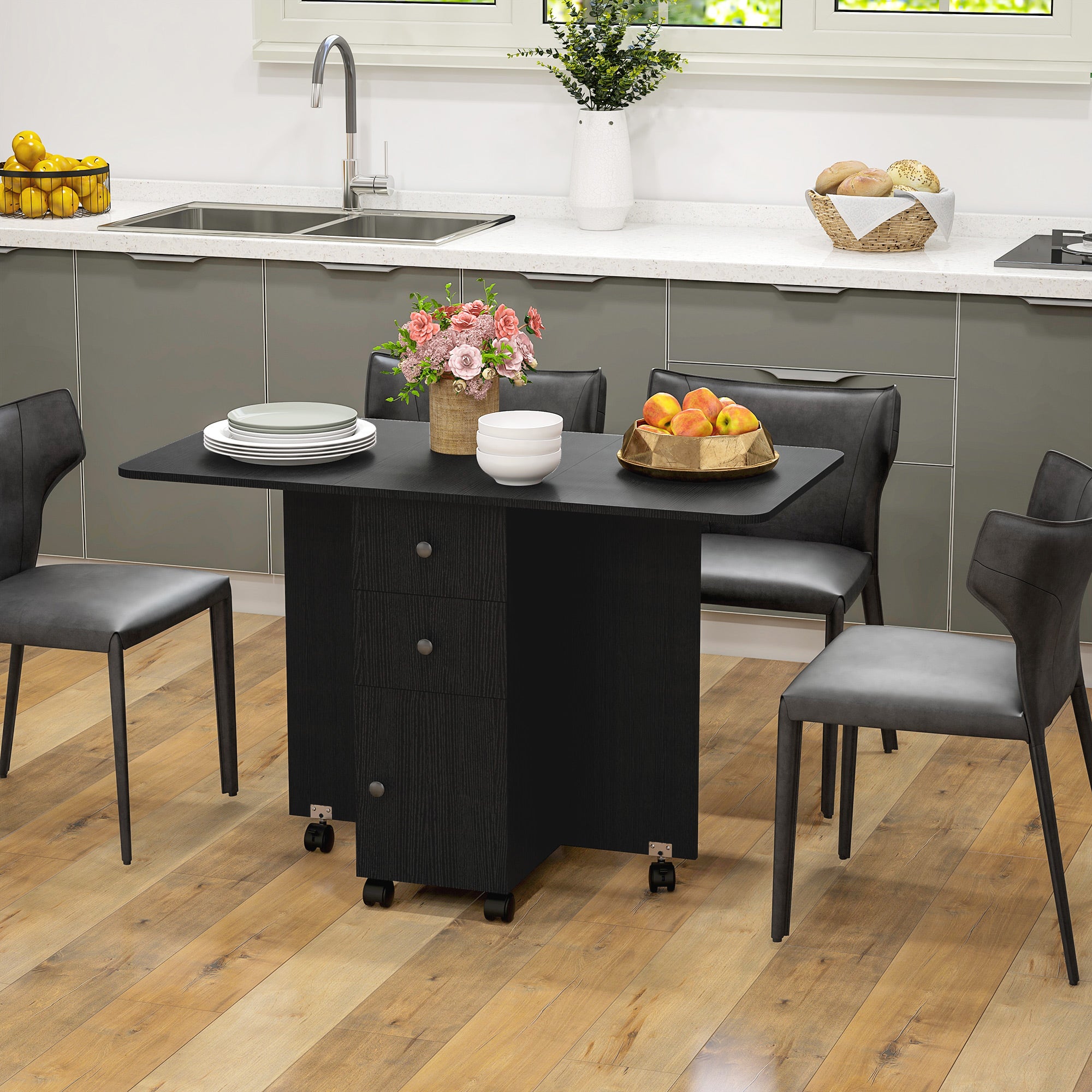 HOMCOM Multi-Storage Six-Person Drop Leaf Dining Table - Distressed Black - North Peak Garden Furniture
