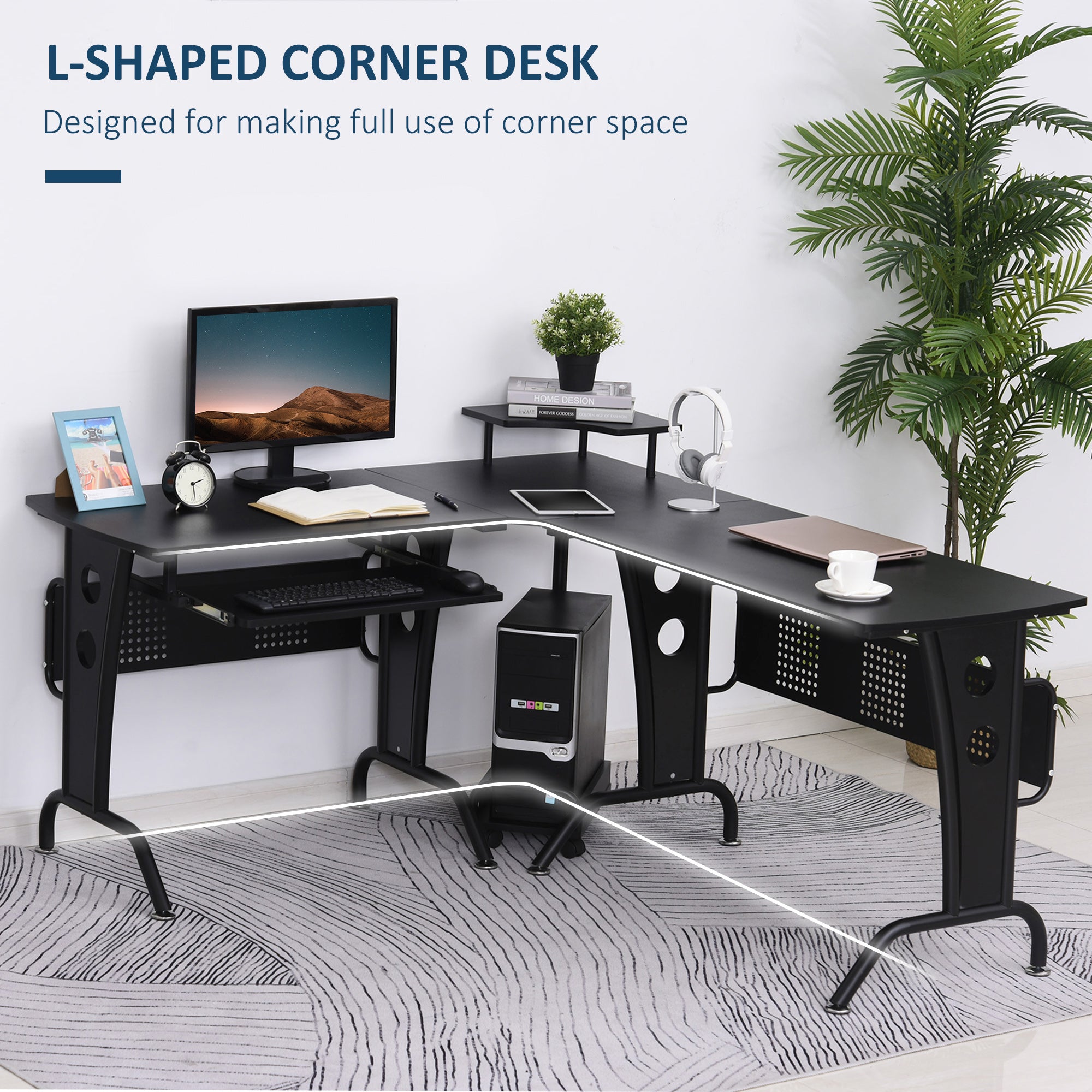 HOMCOM L-Shaped Corner Desk, Gaming Desk with CPU Rack, Keyboard Tray, Space-Saving Computer Desk with Steel Frame for Home Office,165 x 145 x 86.5cm, Black - North Peak Garden Furniture