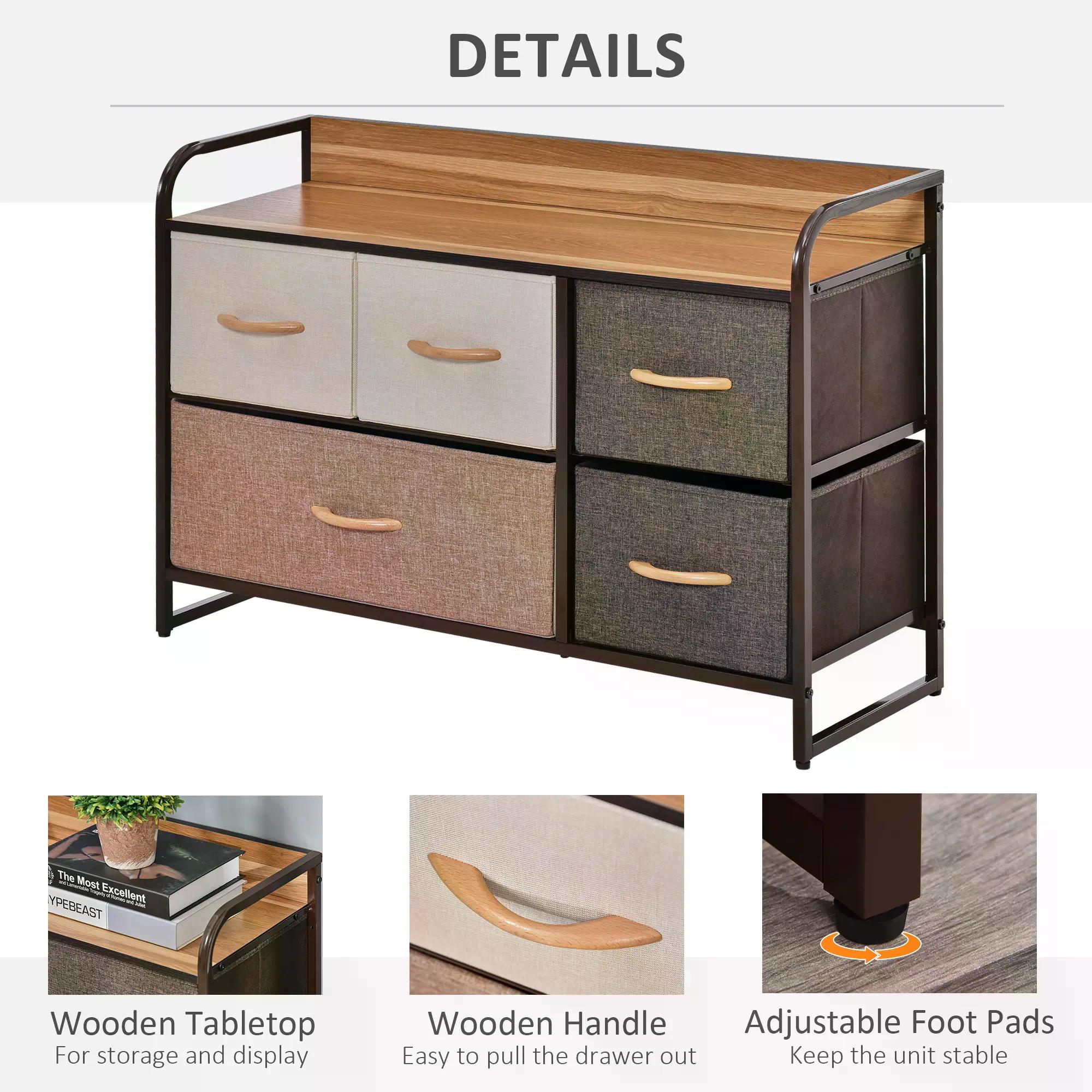 HOMCOM 5-Drawer Dresser, Linen Fabric Chest of Drawers, Dresser Tower Unit for Bedroom Hallway Entryway, Storage Organizer with Steel Frame Wooden Top