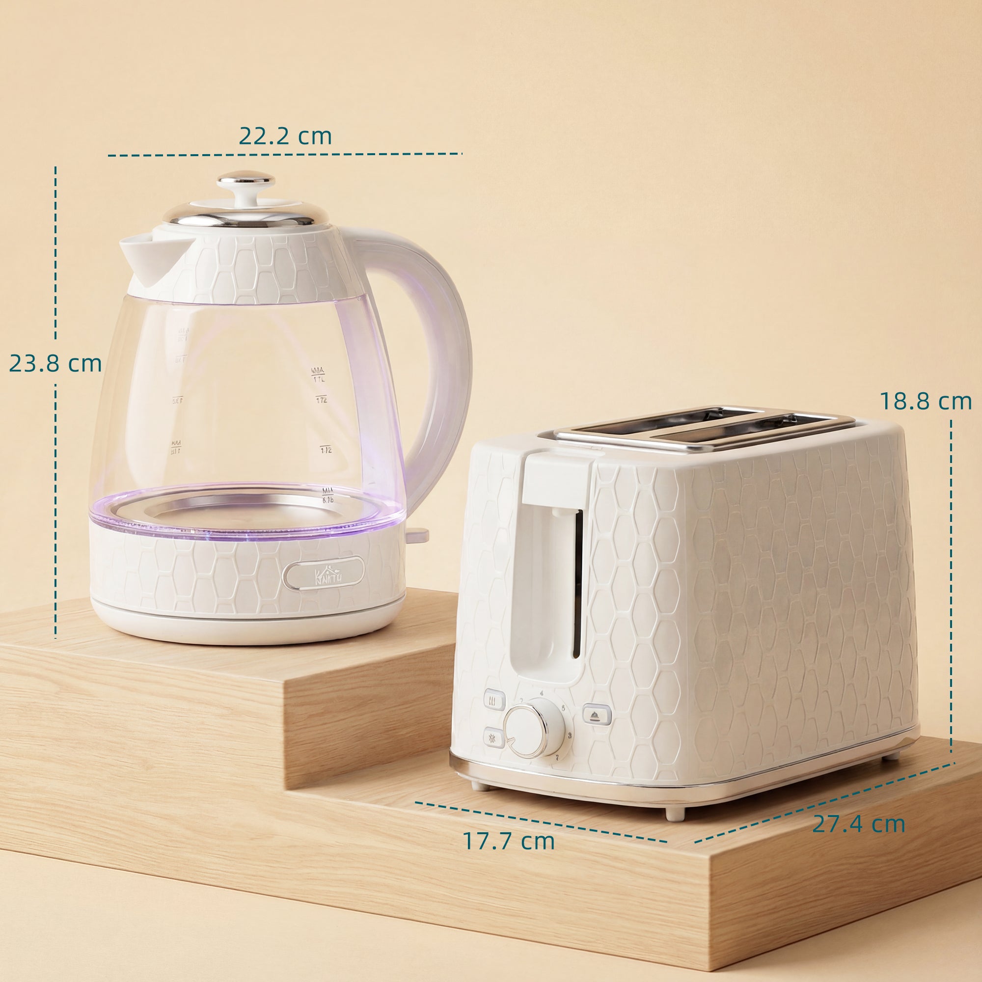 HOMCOM Kettle and Toaster Set, 1.7L 3000W Rapid Kettle with Limescale Filter, 2 Slice Toaster with 7 Browning Controls, Cream