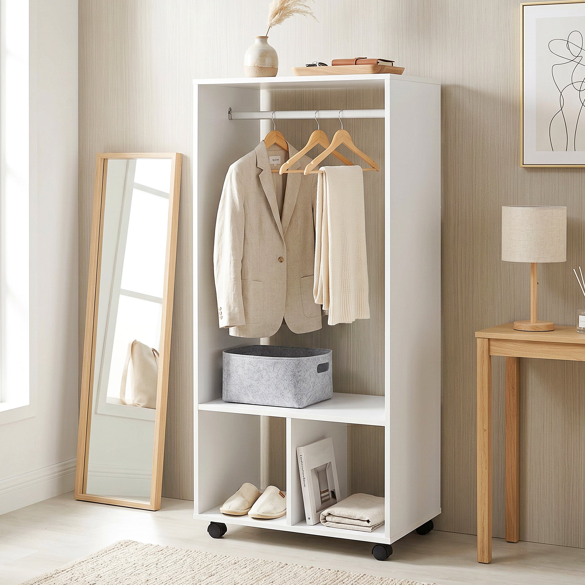HOMCOM Open Wardrobe for Bedroom, Small Wardrobe on Wheels with Clothes Rail, Storage Shelves, Mobile Garment Rack for Clothes Storage, Cloakroom, Hallway, White