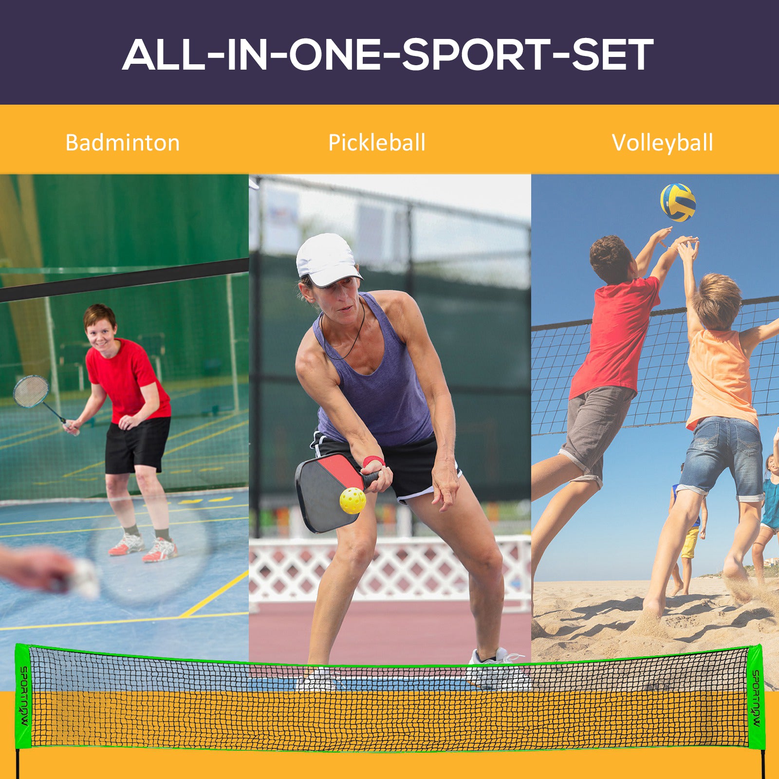 SPORTNOW Badminton Net Set, Height Adjustable Net for Pickleball, Volleyball, Badminton, with 3 Shuttlecocks, 4 Rackets - North Peak Garden Furniture