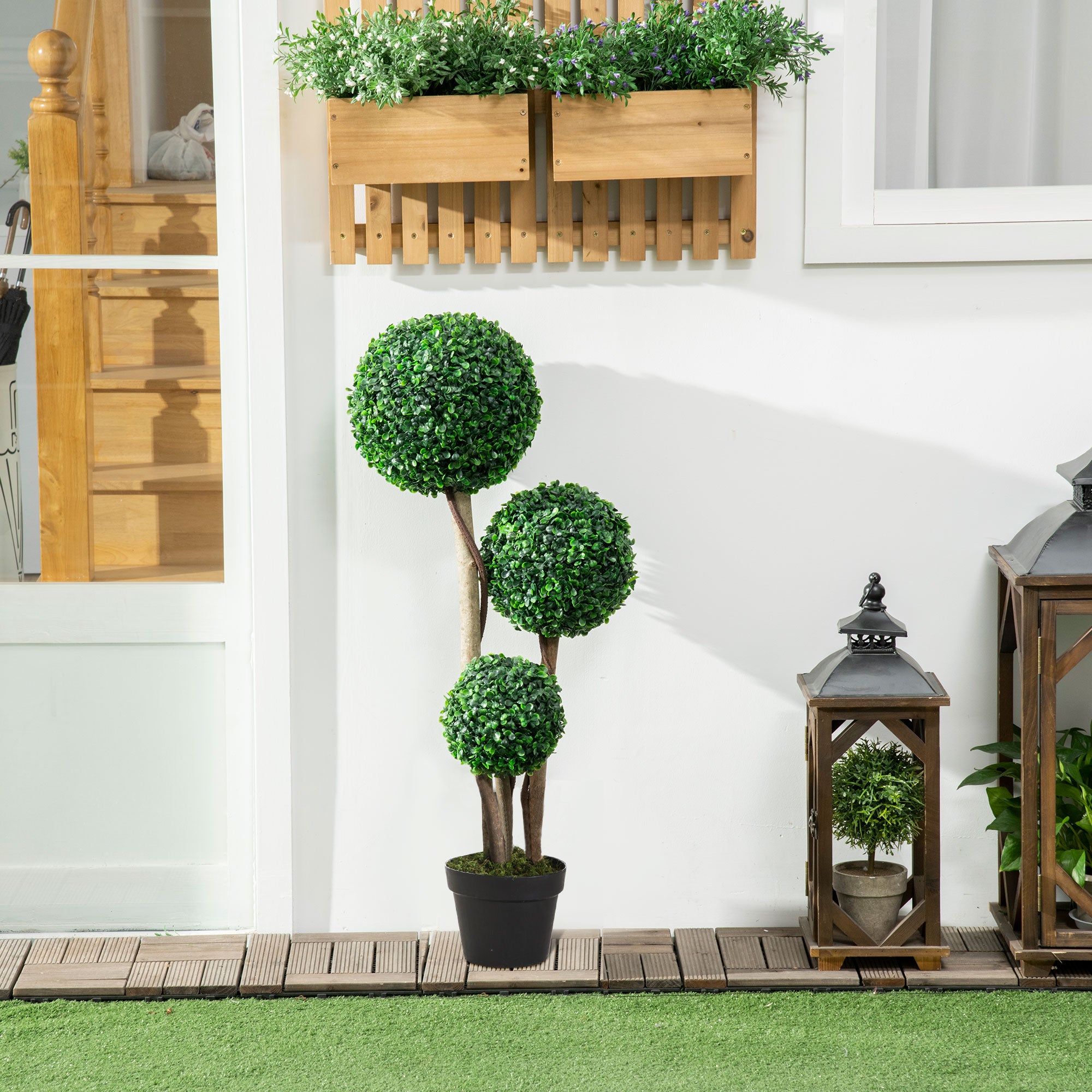 HOMCOM Decorative Artificial Plant Boxwood Ball Topiary Tree in Pot Fake Plant for Home Indoor Outdoor Decor, 90 cm, Dark Green - North Peak Garden Furniture