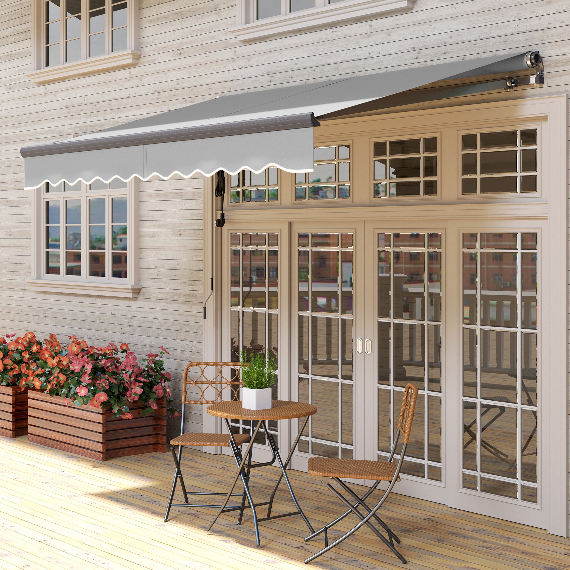 Outsunny 3 x 2.5m Electric Awning with Remote Controller, Aluminium Frame DIY Retractable Awning, UV30+ Sun Shade Canopy for Garden Patio Deck Door Window, Light Grey - North Peak Garden Furniture