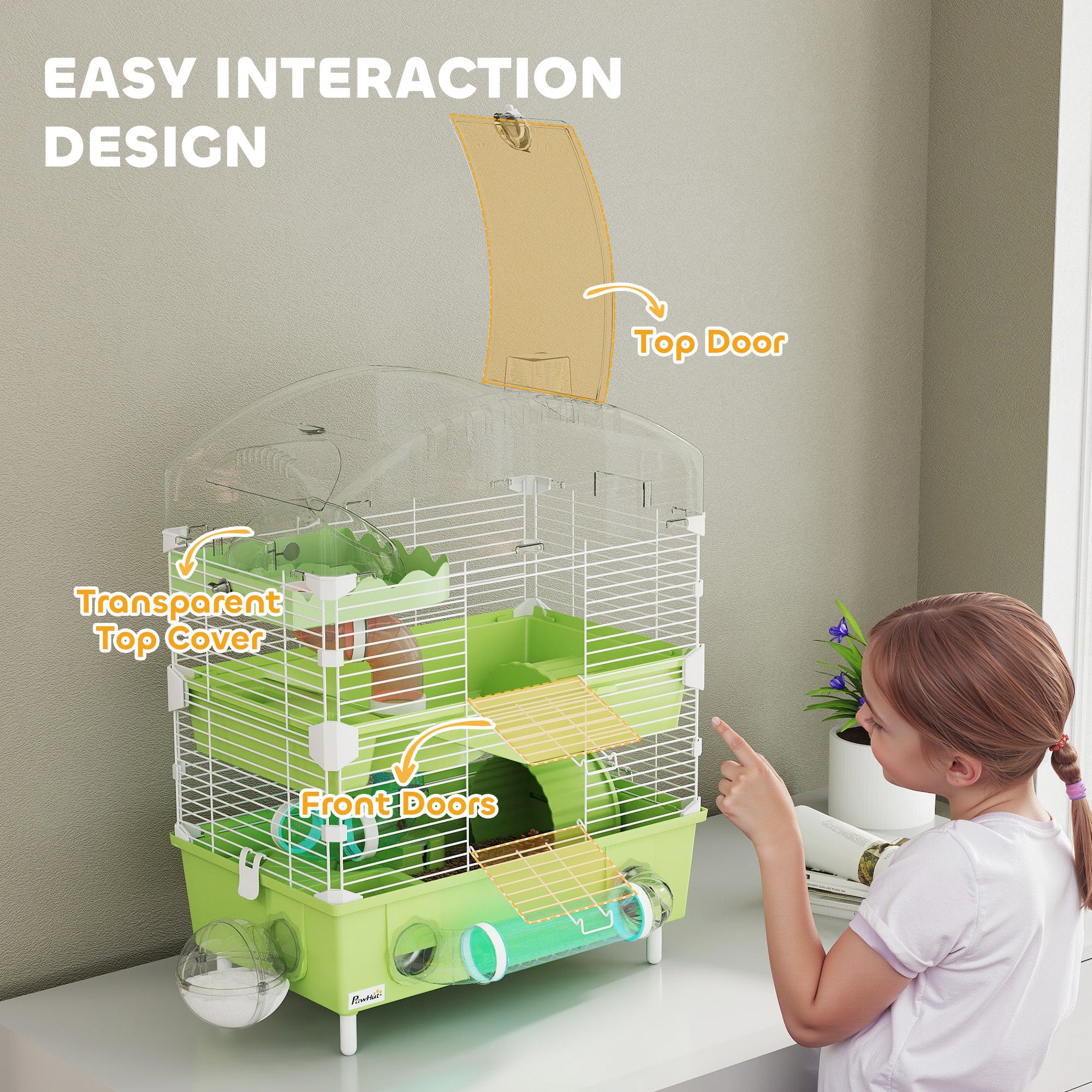 PawHut 3-Tier Hamster Cage with Transparent Top, Sand Bathroom, Exercise Wheel, Hideout Room, Tubes, 45 x 28 x 60 cm, Green - North Peak Garden Furniture