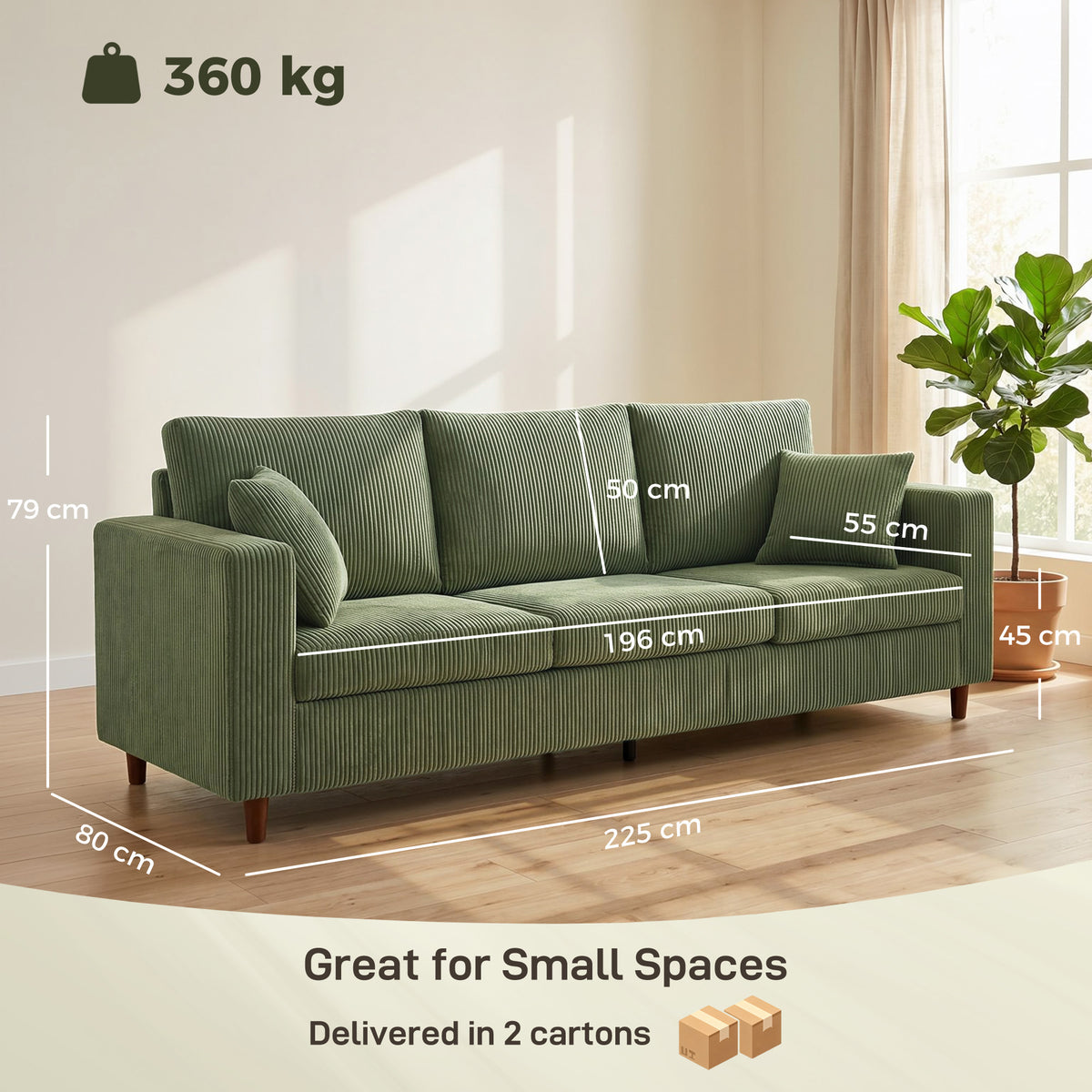 HOMCOM 3 Seater Sofa with Wide Seat, Corduroy Fabric Couch with Deep Seat, Spring Cushion, Green