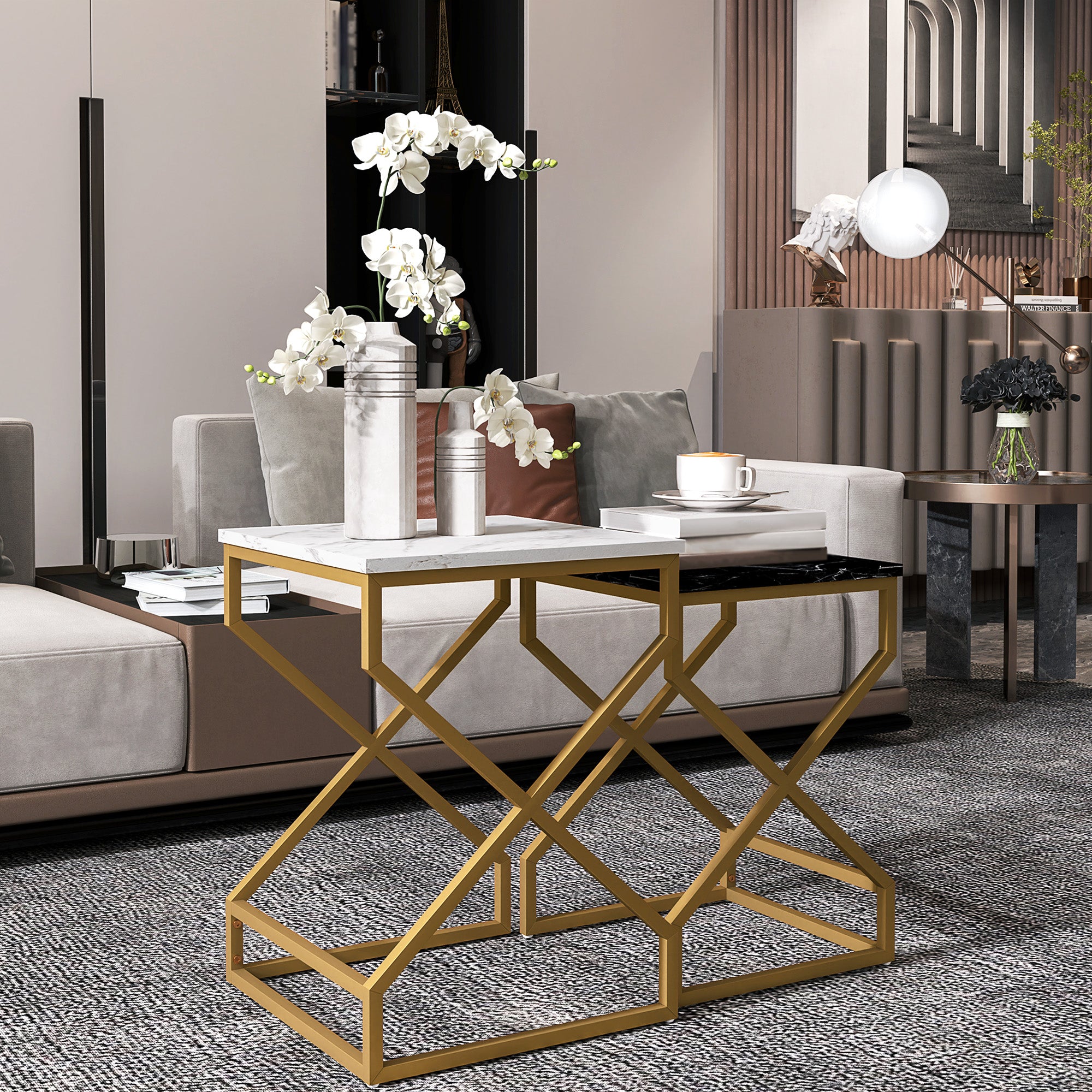HOMCOM Set of Two Marble-Effect Nesting Tables - North Peak Garden Furniture
