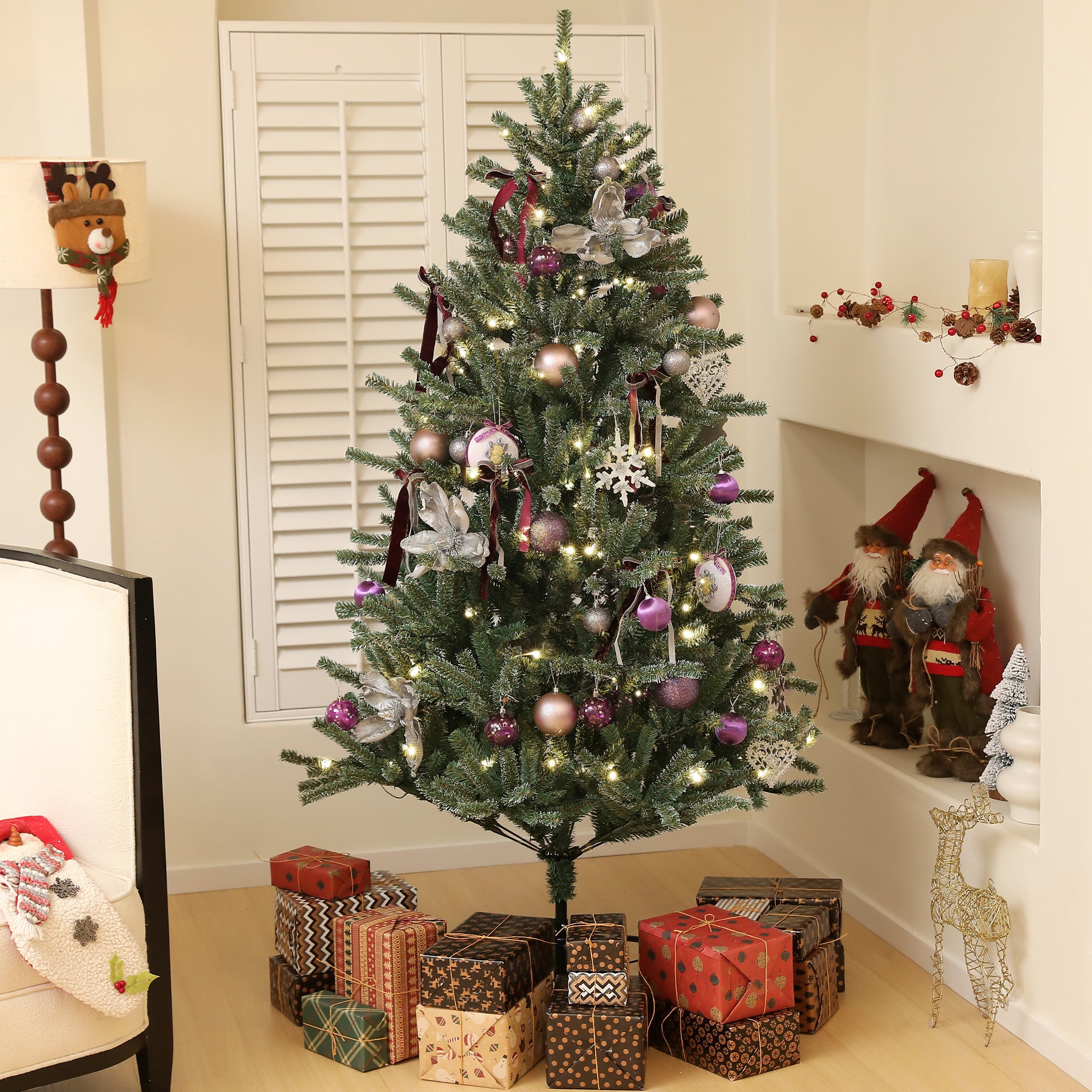 HOMCOM 6ft Artificial Christmas Tree, with Purple Decorations and Lights - North Peak Garden Furniture