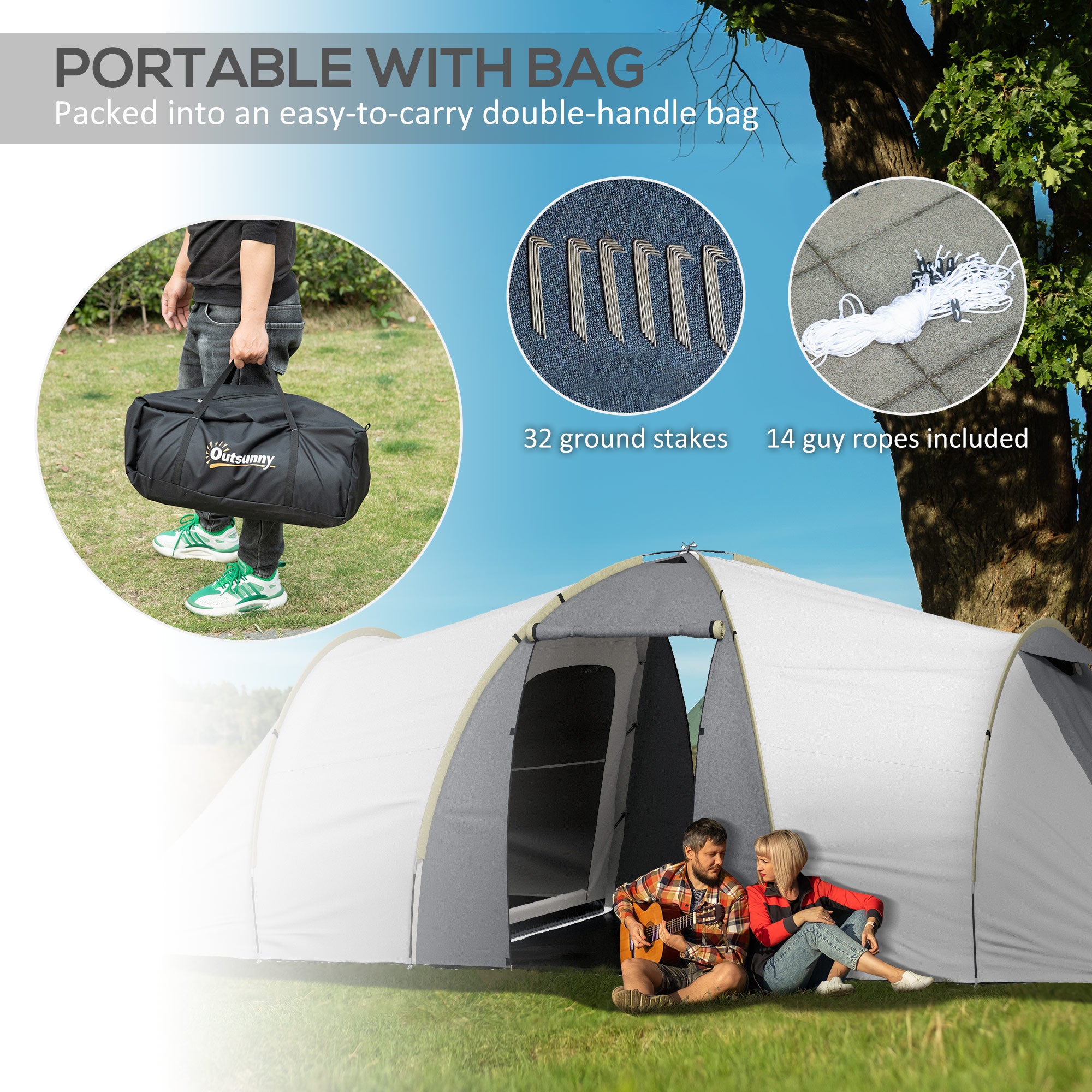 Outsunny Four-Man Tunnel Tent, with Two Bedrooms and Living Room - Grey/Yellow - North Peak Garden Furniture