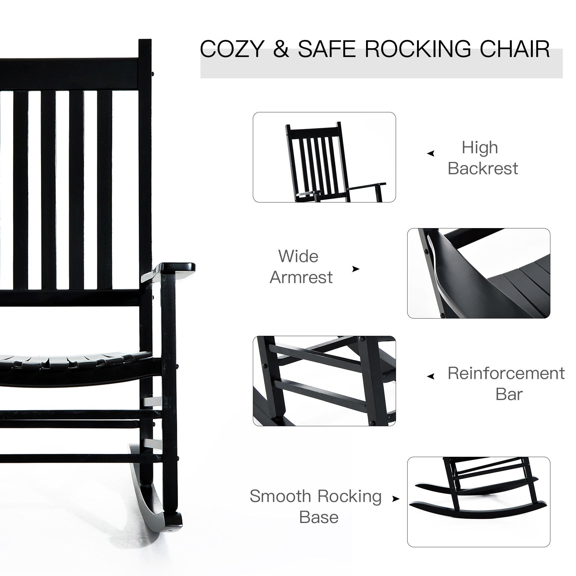 Outsunny Outdoor Porch Rocking Chair Armchair Wooden Patio Rocker Balcony Deck Garden Seat Black - North Peak Garden Furniture