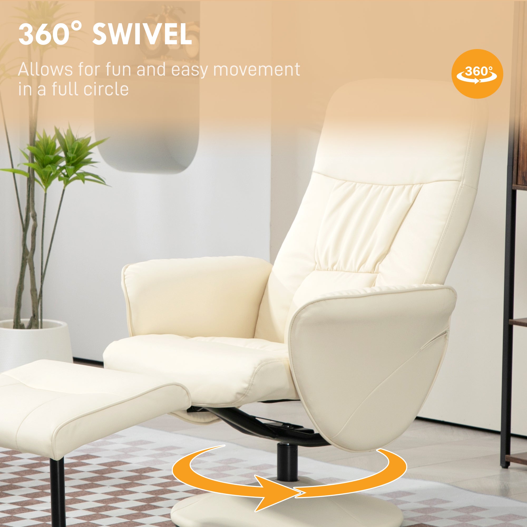 HOMCOM Swivel Recliner Chair with Footstool, PU Leather Armchair and Ottoman with High Back and Round Base for Living Room, Cream White - North Peak Garden Furniture