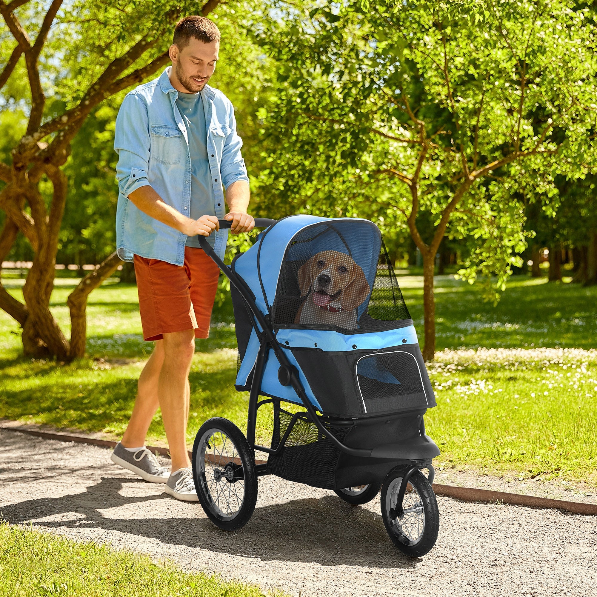 PawHut Dog Pram Dog Stroller Jogger Foldable Pet Pushchair for Medium, Small Dogs, w/ Rubber Wheels, Washable Cushion - Blue - North Peak Garden Furniture