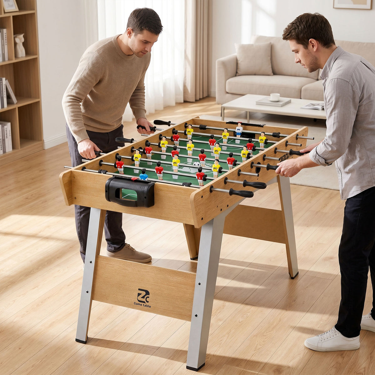 SPORTNOW 4ft Table Football, Foosball Game Table with 22 Players, 2 Balls and Manual Scorers for Family, Natural Wood Finish