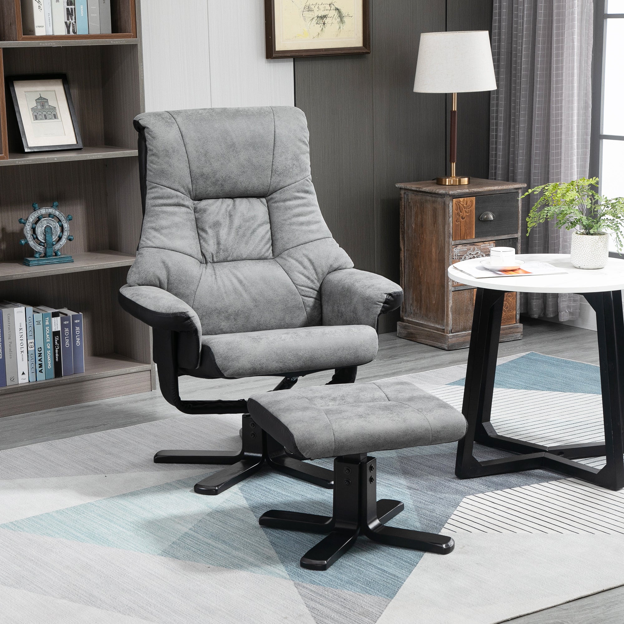 HOMCOM Fabric Recliner Sofa Armchair with footstool Swivel Sofa Grey - North Peak Garden Furniture