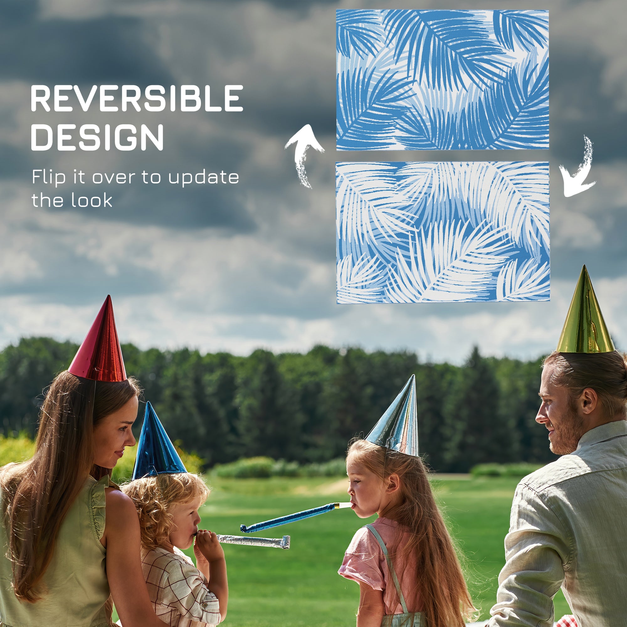 Outsunny Plastic Straw Reversible RV Outdoor Rug with Carry Bag, 182 x 274cm, Blue and Cream - North Peak Garden Furniture