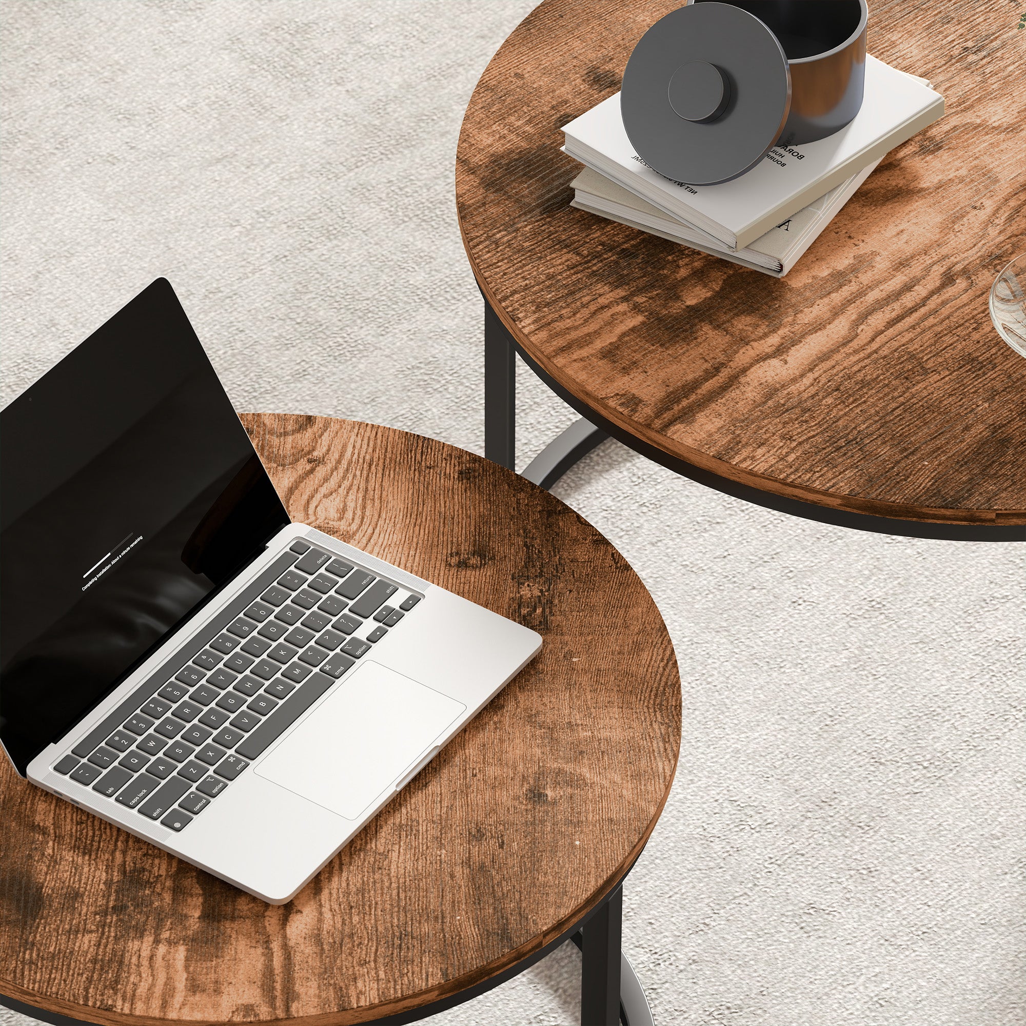 HOMCOM Coffee Table Set of 2, Round Nest of Tables with Metal Frame, Modern Side Tables for Living Room, Rustic Brown