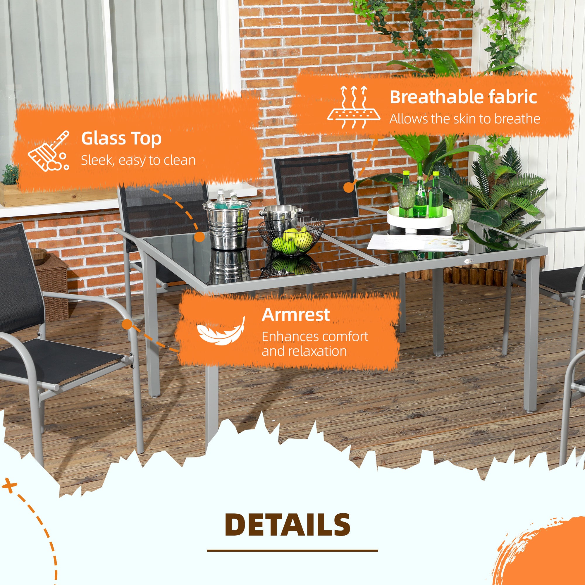 Outsunny 7 Piece Outdoor Garden Dining Set with Table and 6 Stackable Chairs, Steel Frame, Tempered Glass Top, Mesh Seats, Black - North Peak Garden Furniture