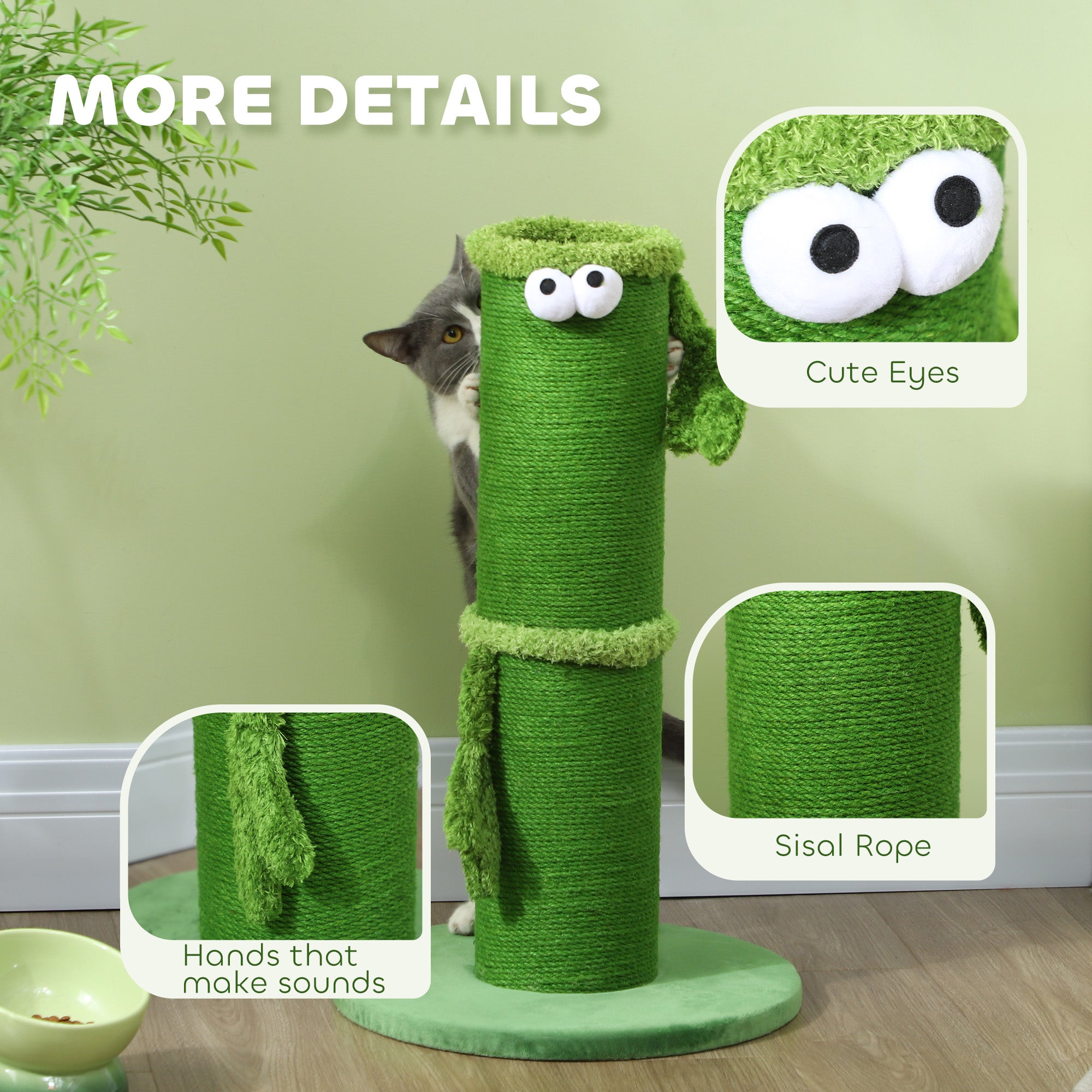 PawHut 63cm Cat Scratching Post for Indoor Cats, with Sisal Rope Cover, Large Base, Green - North Peak Garden Furniture