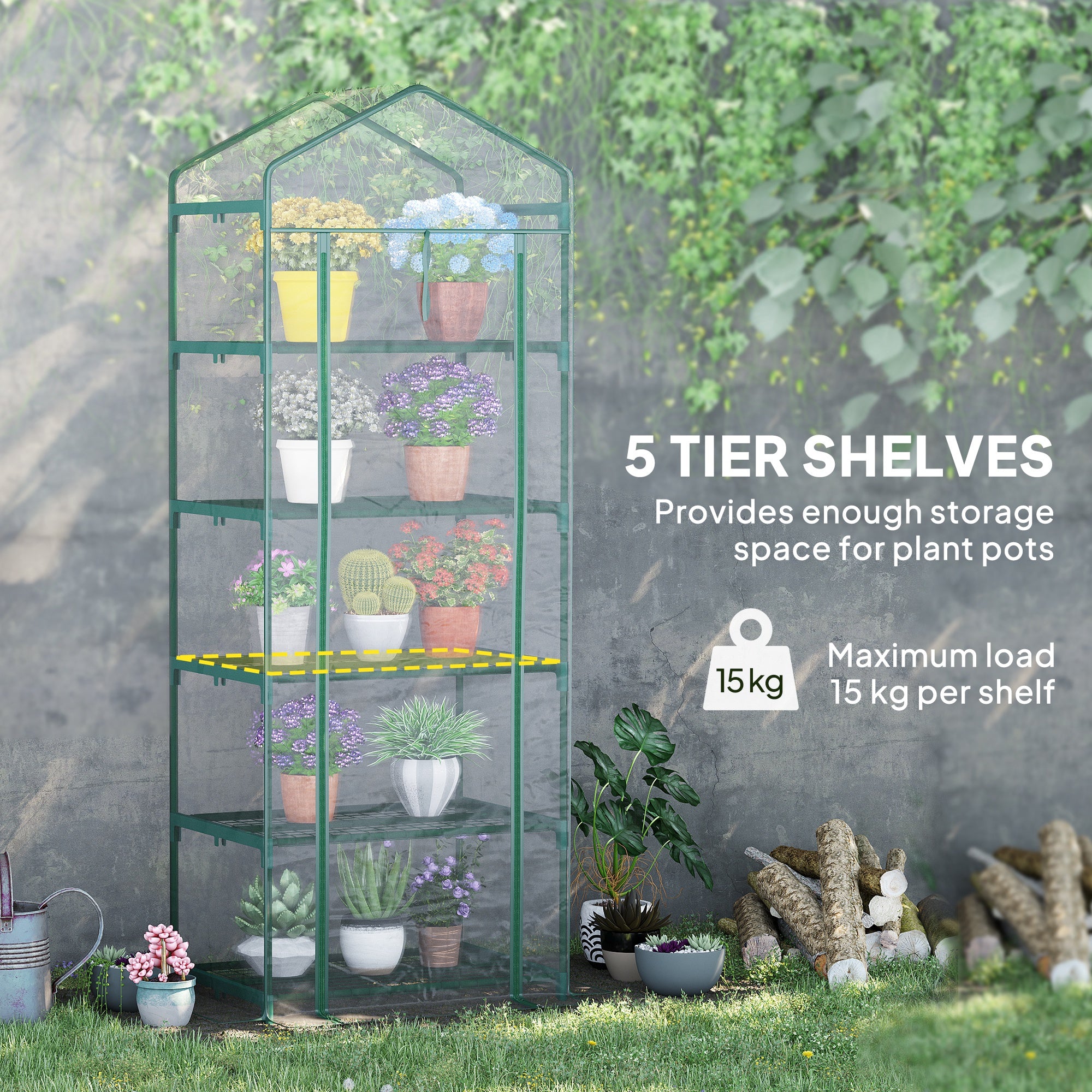 Outsunny 5 Tier Mini Greenhouse Outdoor Flower Stand Green House PVC Cover Portable Shed Metal Frame Transparent 69 x 49 x 193cm