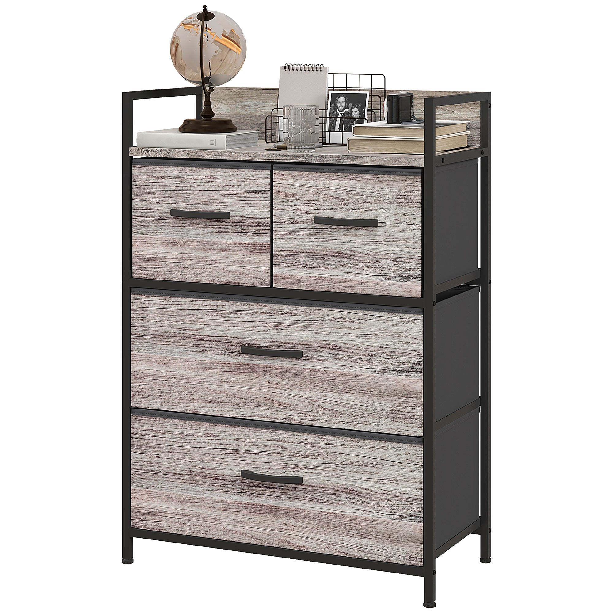 HOMCOM Rustic Chest of Seven Fabric Drawers - Grey Wood Effect | Aosom UK