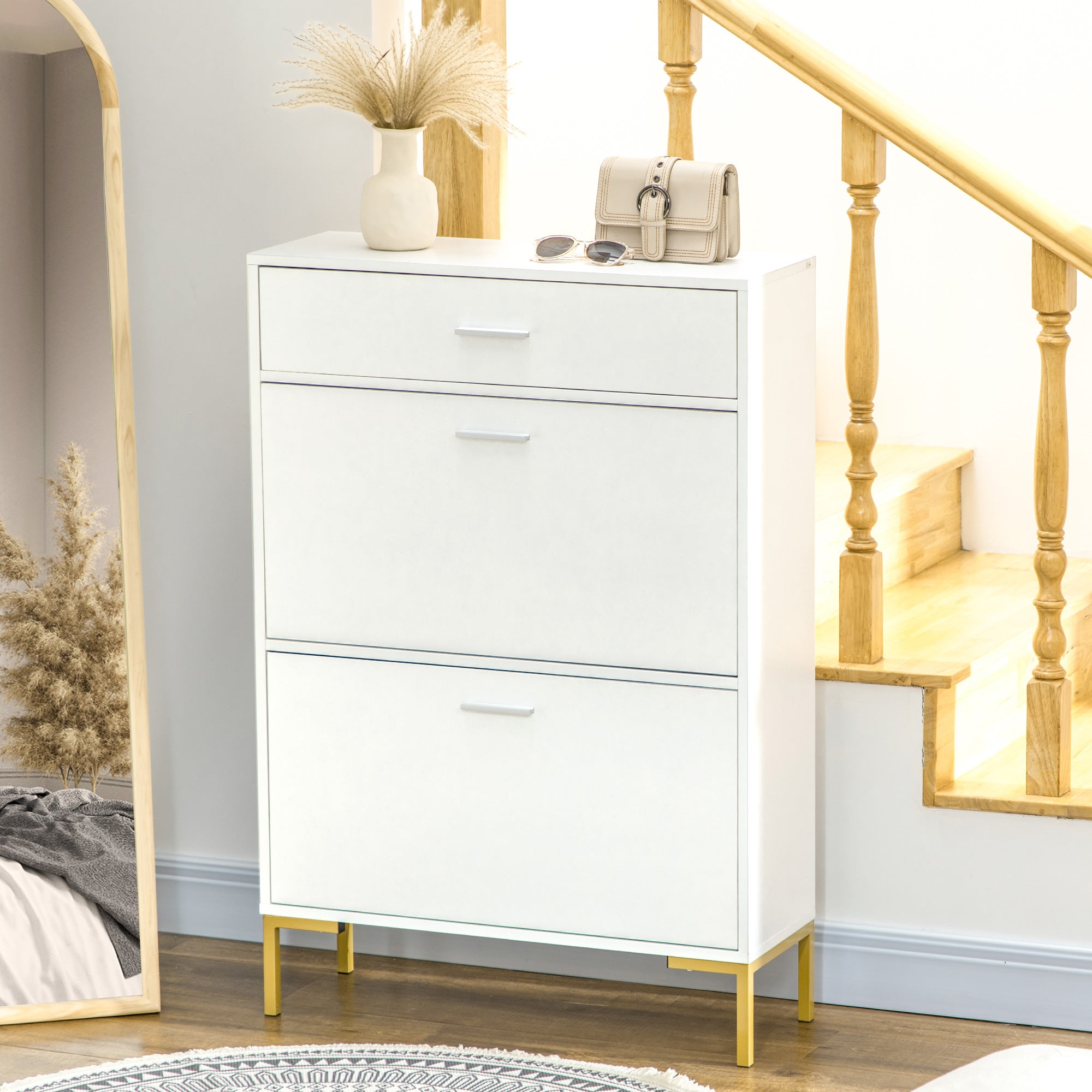 HOMCOM Three Drawer Slim Shoe Storage Cabinet, 12 Shoe Pairs - White - North Peak Garden Furniture