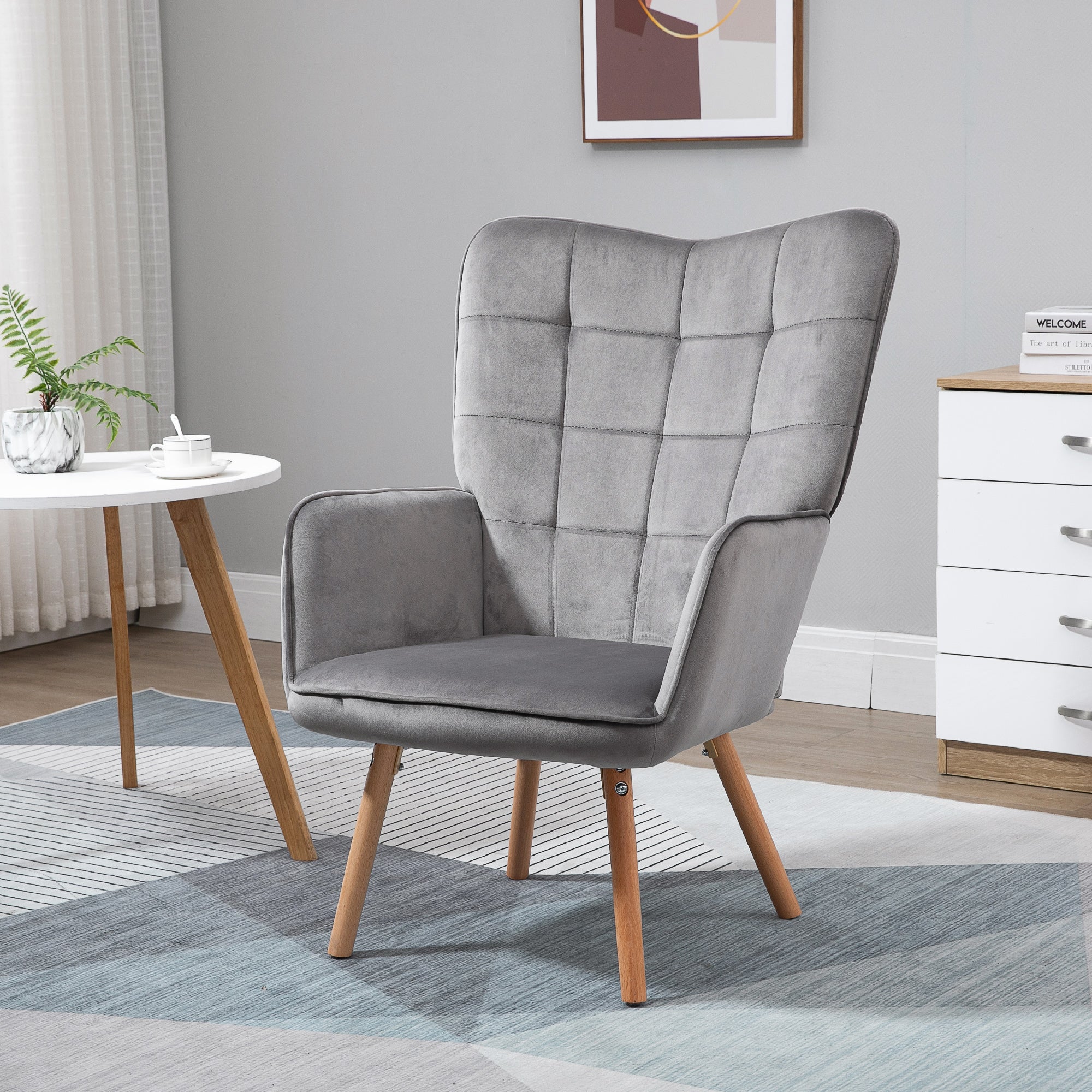 HOMCOM Modern Accent Chair Velvet-Touch Tufted Wingback Armchair Upholstered Leisure Lounge Sofa Club Chair with Wood Legs, Grey - North Peak Garden Furniture