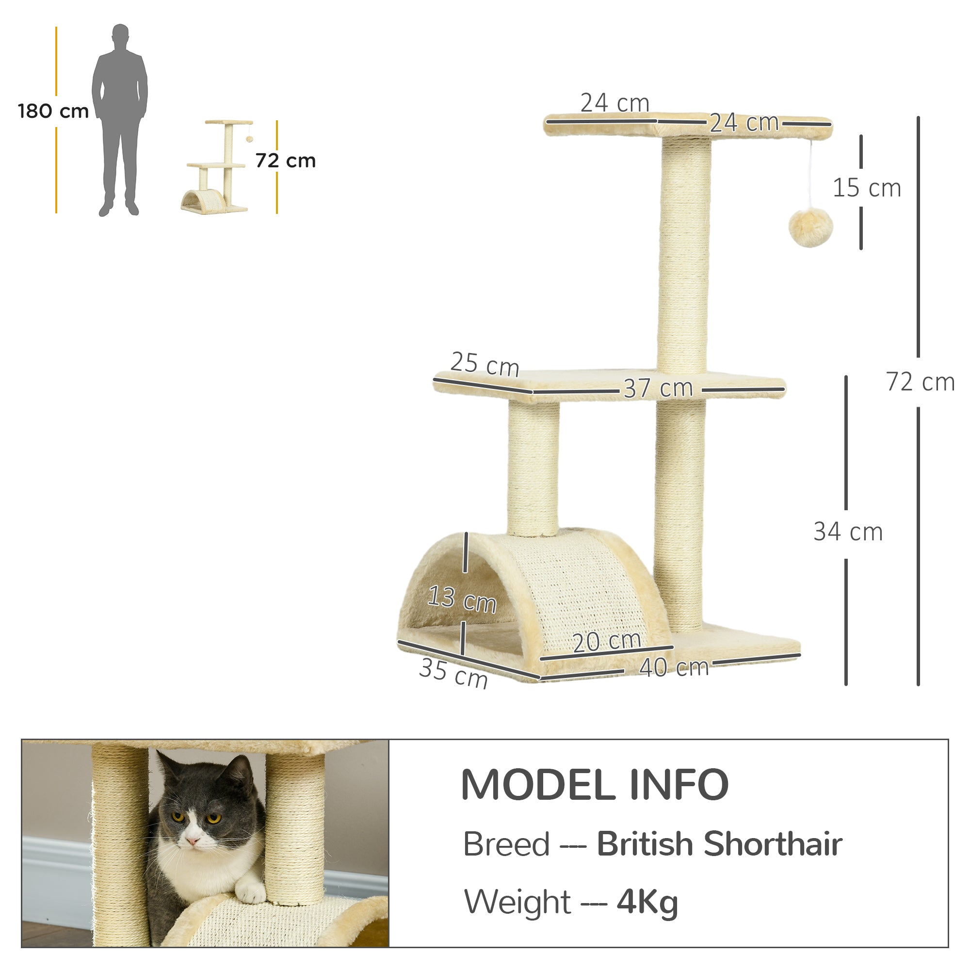 PawHut 72cm Cat Tree with Scratching Post, Pad for Indoor Cats - Cream White - North Peak Garden Furniture