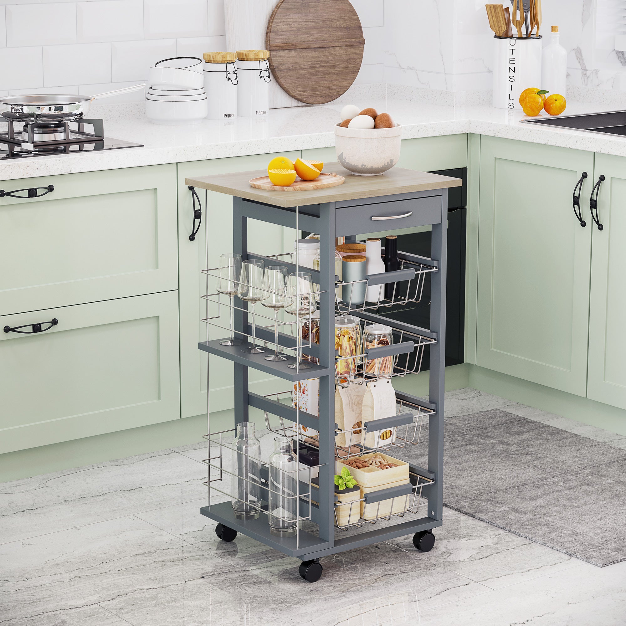 HOMCOM Rolling Kitchen Cart, Utility Storage Cart with 4 Basket Drawers & Side Racks, Wheels for Dining Room, Grey