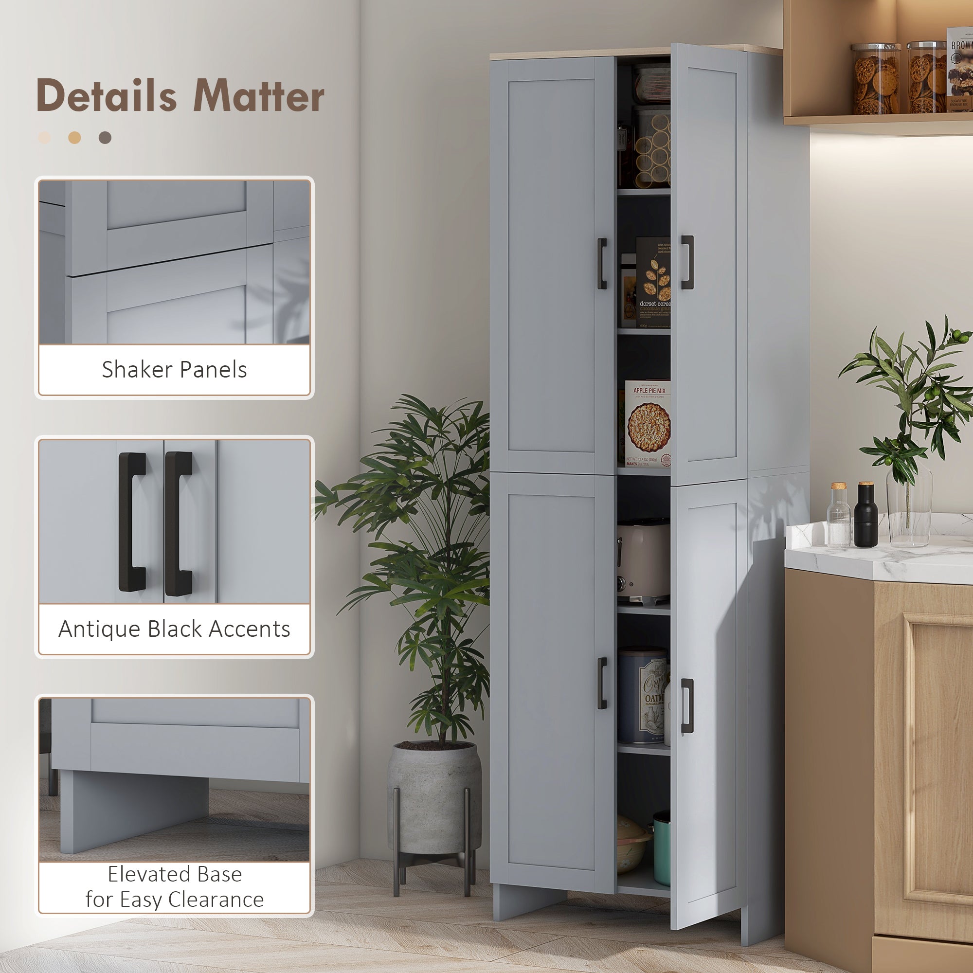 HOMCOM Freestanding Kitchen Cupboard, 4-Door Storage Cabinet Organizer with Adjustable Shelves Grey - North Peak Garden Furniture