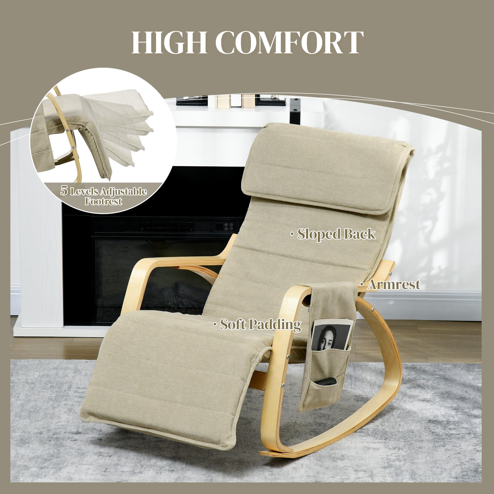 HOMCOM Rocking Lounge Chair Recliner Relaxation Lounging Relaxing Seat with Adjustable Footrest, Side Pocket and Pillow, Khaki - North Peak Garden Furniture