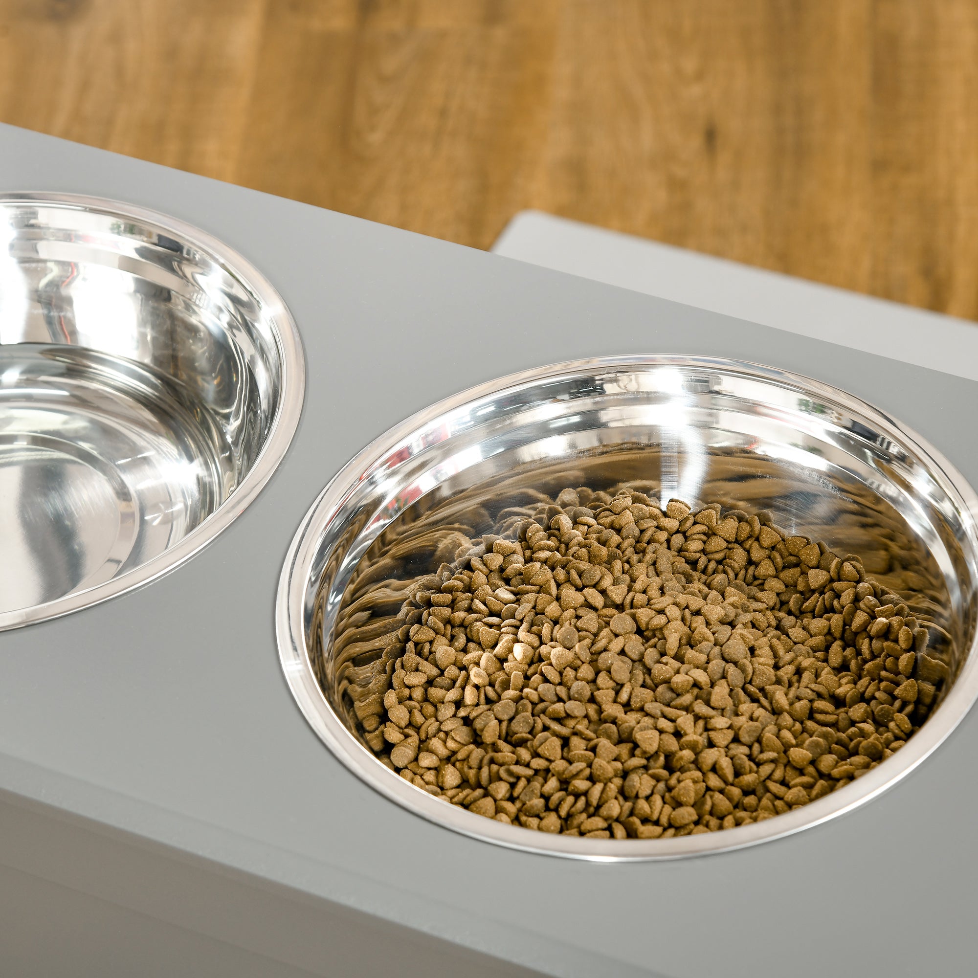 PawHut Raised Dog Bowls, with Storage, Two Stainless Steel Bowls, Elevated Base - Grey - North Peak Garden Furniture