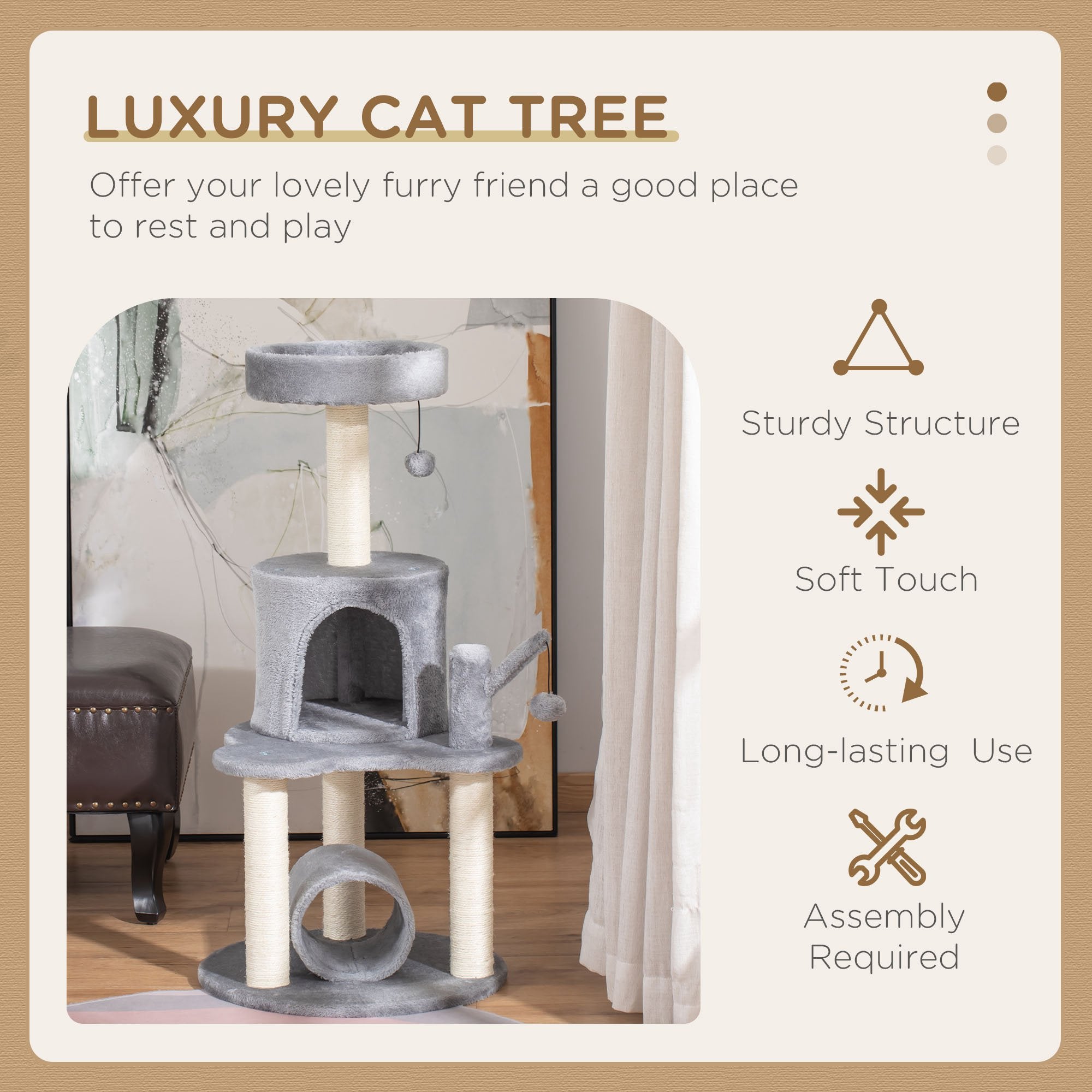 PawHut Cat Tree Tower for Indoor Cats Climbing Activity Center Kitten Furniture with Jute Scratching Post Bed Tunnel Perch Hanging Balls Grey