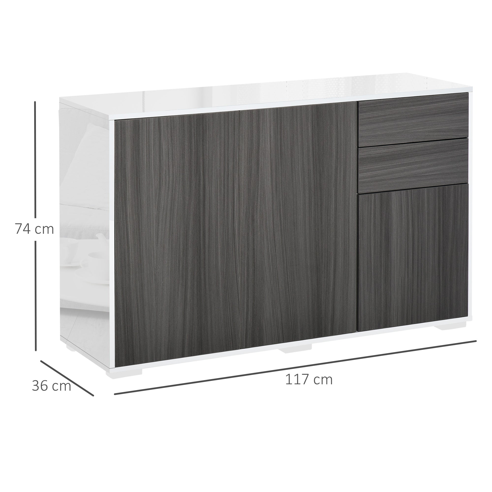 HOMCOM High Gloss Sideboard: Living Room/Bedroom Cabinet, Push-Open, 2 Drawers, Light Grey & White