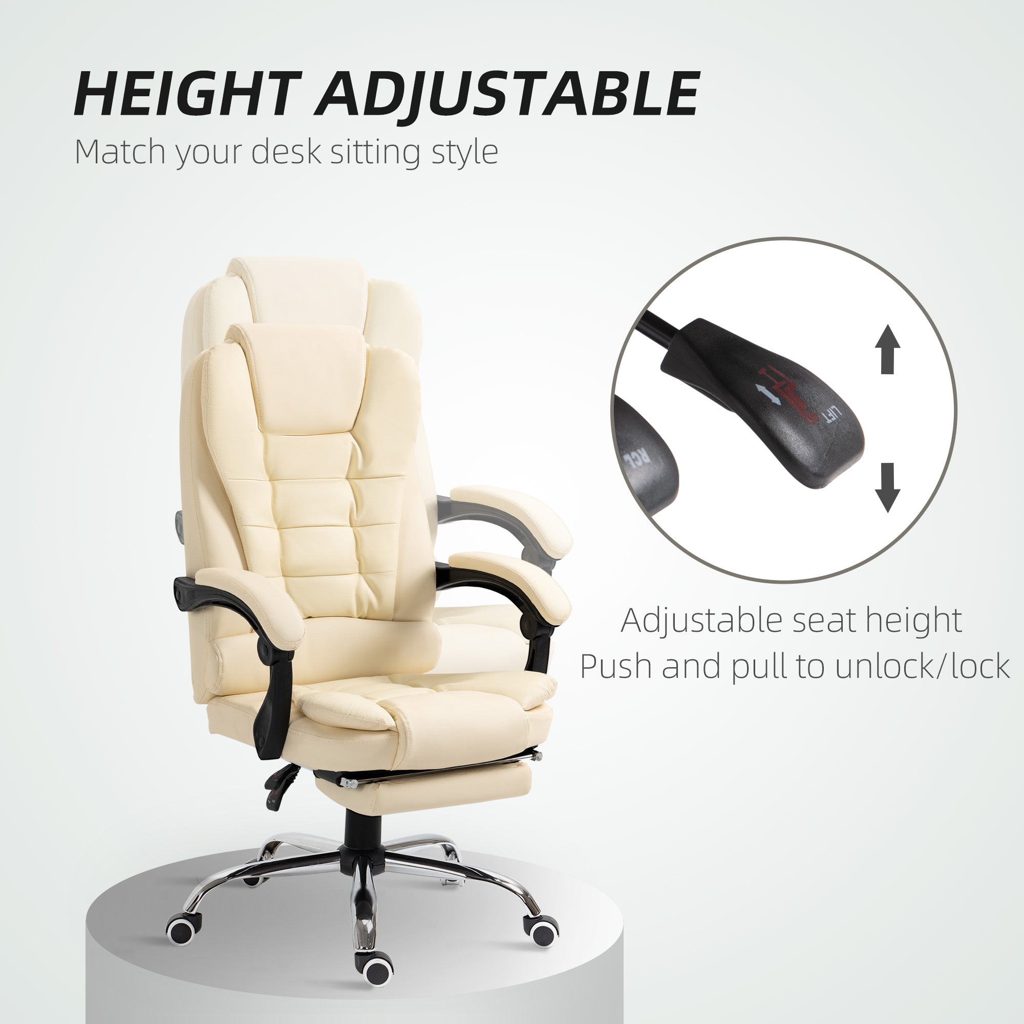 HOMCOM Executive Office Chair, PU Leather High Back Desk Chair with Adjustable Height, Recliner Computer Swivel Chair with Footrest for Home Office, Cream White - North Peak Garden Furniture