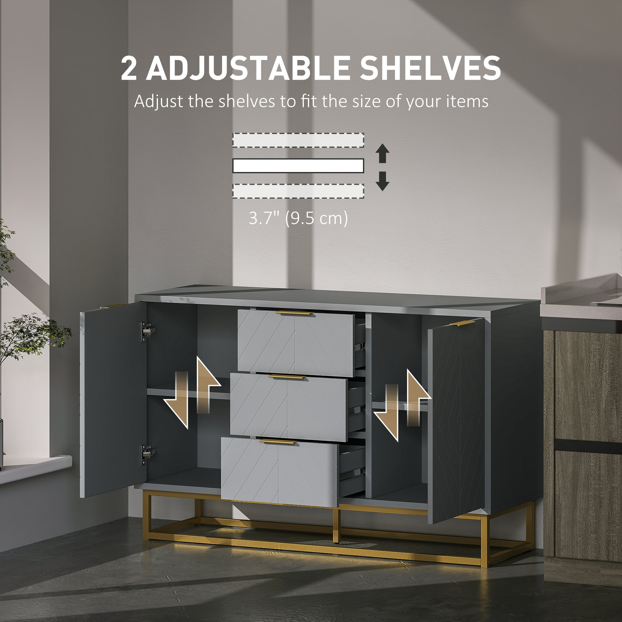 HOMCOM Sideboard with 3 Drawers and Adjustable Shelves for Living Room - Grey - North Peak Garden Furniture